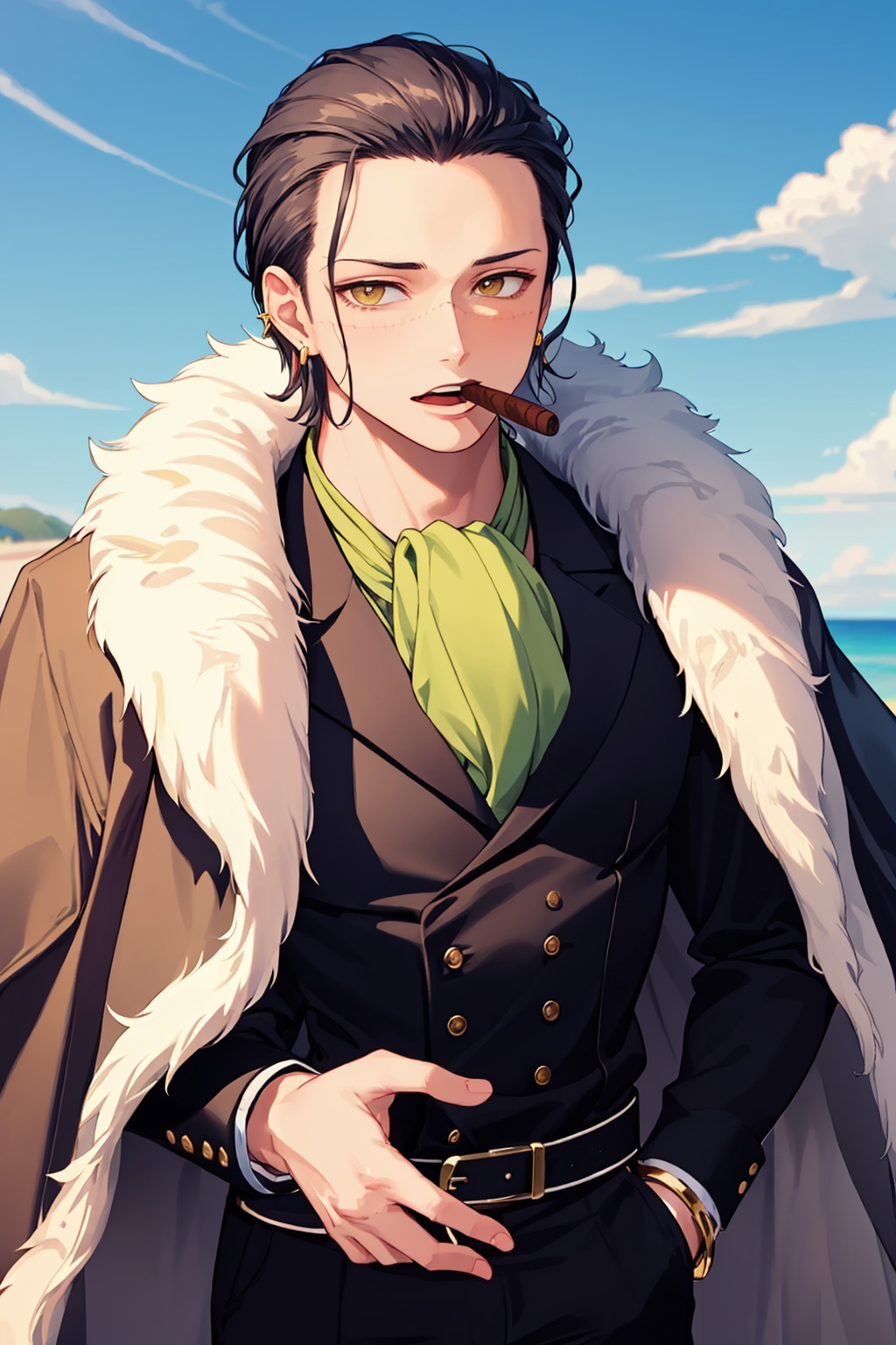 masterpiece,best quality, highly detailed, 1boy,cigar,crocodile (one piece),hair slicked back,male focus,smoking,solo,ascot,coat on shoulders,fur coat,fur trim,hook,multiple rings,earrings,mouth hold,sand,looking at viewer,shirt,long sleeves,pants,upper body,<lora:crocodile_(one_piece):1>