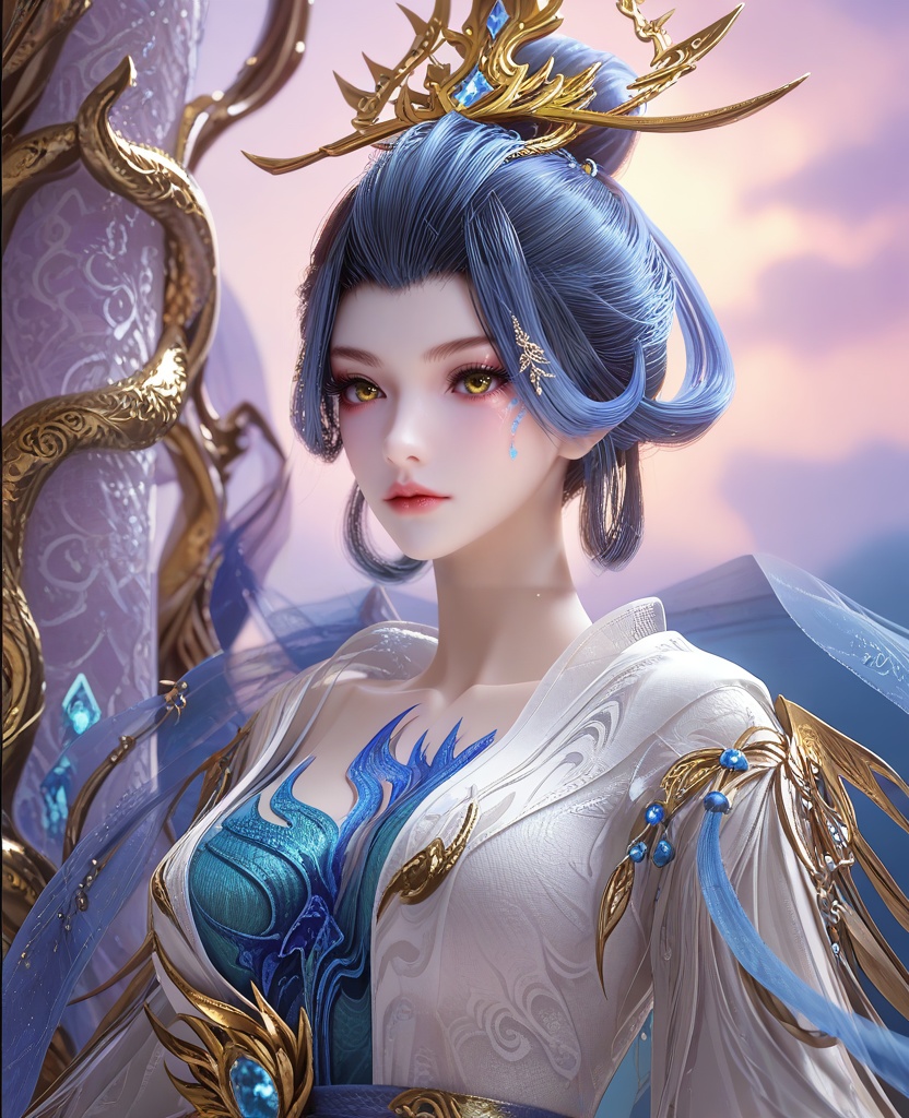 (holding object:1.1),(large breasts:1.2),<lora:XL16云深不知梦烛照神女:0.95>,miss zhuzhao,white hanfu coat over blue base dress,hagoromo,yellow eyes,eyelashes,facial mark,blue hair,looped bun with tresses,hair ornament,jewelry,elbow gloves,, score_9,score_8_up,score_7_up,score_6_up,score_5_up,score_4_up,3d rendering,tag1,tag2, Cinematic Lighting,backlighting,