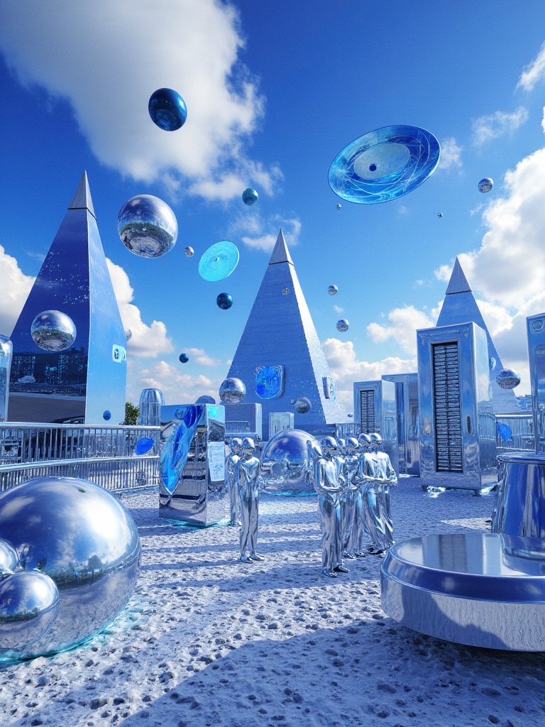 Techno-mystic landscape with pyramids made of blue glass servers,  digital hieroglyphs projected onto chrome obelisks,  a...