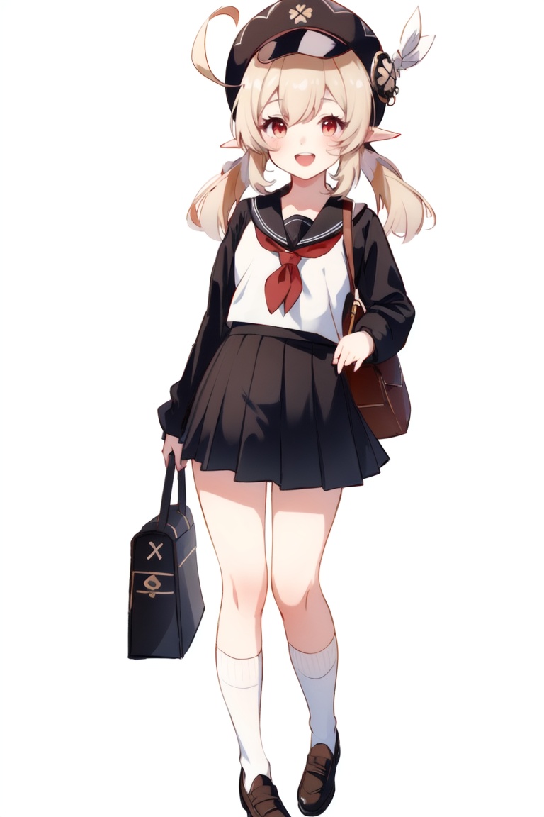 ((HRD, HUD, 8K)),((masterpiece, best quality)), highly detailed,Klee, 1girl, klee (genshin impact), red headwear, solo, hat, skirt, school uniform, full body, white background, simple background, ahoge, long sleeves, pointy ears, twintails, socks, looking at viewer, red eyes, bangs, shoes, white socks, long hair, black skirt, serafuku, open mouth, alternate costume, smile, hair between eyes, low twintails, blonde hair, pleated skirt, knees together feet apart, sailor collar, shaded face, standing, sidelocks, :d, black serafuku, cabbie hat, bag, brown footwear, clover print, shirt, dodoco (genshin impact), loafers, black sailor collar, contemporary, light brown hair,  <lora:20240702-1719916281946:0.7>
