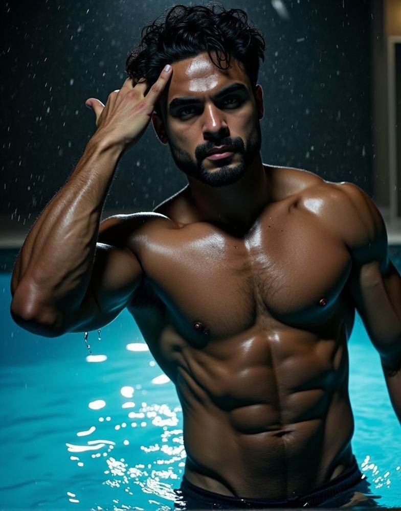 Dark Moody Atmosphere,  tovino thomas ,  emerging from a swimming pool on Tensor.Art