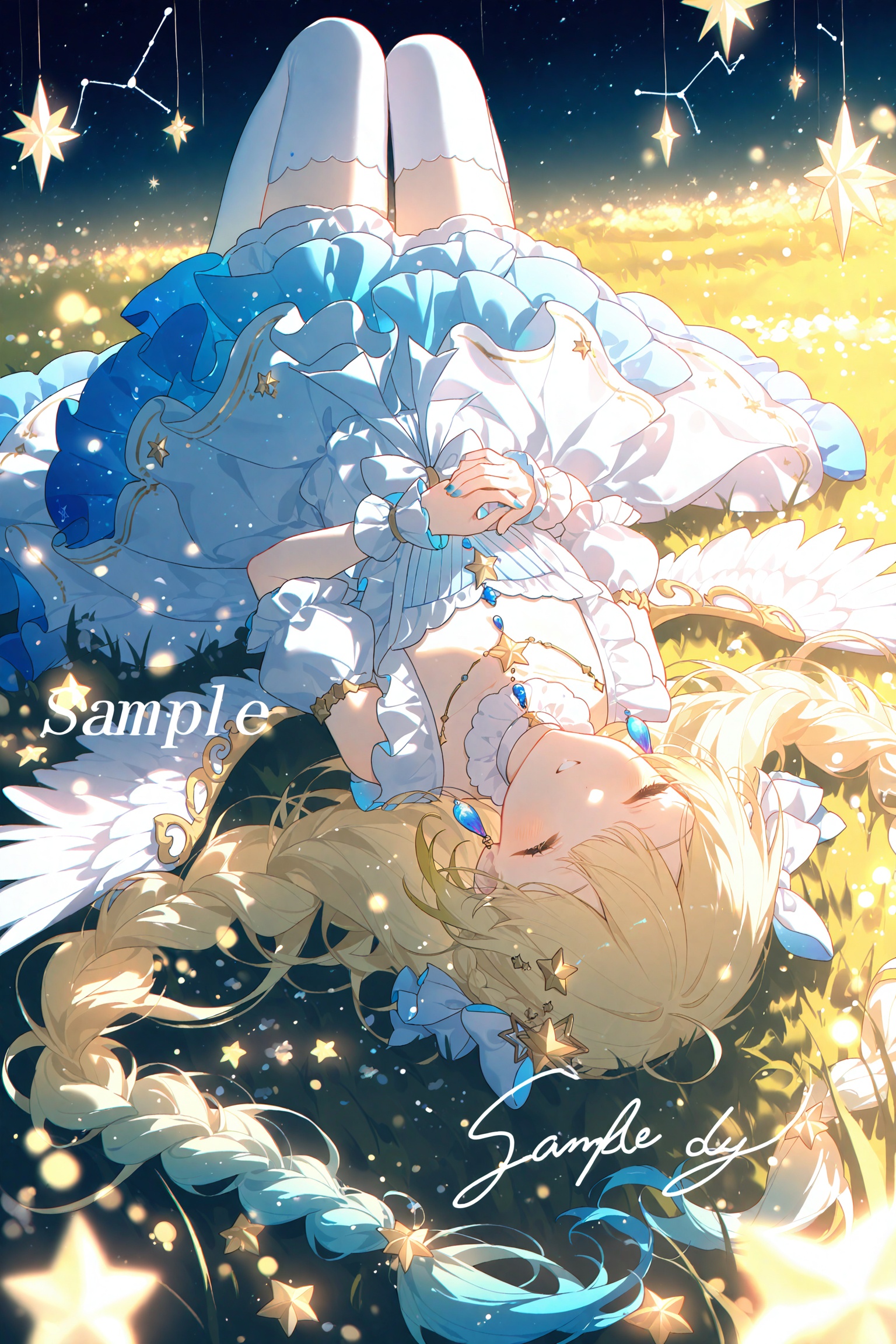 1girl,solo,long hair,lying,on back,star (symbol),blonde hair,dress,blue eyes,one eye closed,white dress,blue hair,thighhighs,gradient hair,multicolored hair,long sleeves,chromatic aberration,braid,wings,white bow,hair bow,bow,virtual youtuber,hair ornament,hair spread out,closed mouth,puffy sleeves,jewelry,snowflakes,watermark,english text,very long hair,white thighhighs,frills,looking at viewer,parted lips,frilled sleeves,frilled dress,smile,skirt,upside-down,closed eyes,star hair ornament,blue nails,on ground,earrings,sample watermark,star (sky),feathered wings,sparkle,blurry,white ribbon,eyelashes,detached sleeves,twin braids,feathers,heterochromia,choker,constellation,wrist cuffs,happy birthday,depth of field,necklace,blush,white choker,layered dress,on grass,white wings,knees up,colored tips,grass,juliet sleeves,ribbon,short sleeves,starry sky,own hands together,night,fingernails,detached collar,crystal,nail polish,sidelocks,