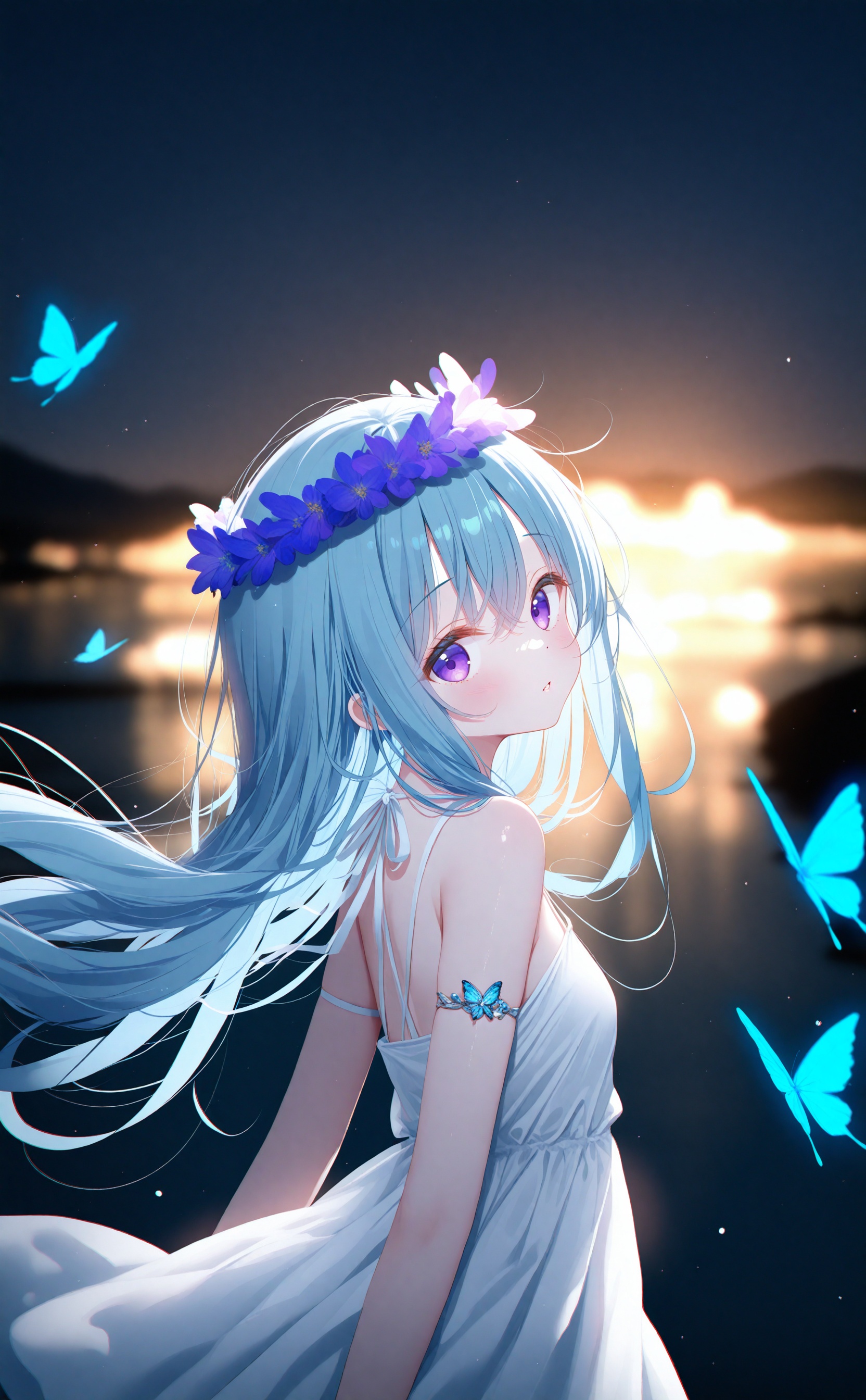 masterpiece,absurdres,best quality,high quality,chromatic_aberration,night,darkness,black theme,photorealistic,high contrast,high saturatio,//,deyui,rucaco,chen_bin,tinker_ bell,eip (pepai),torino aqua,rhasta,wlop,ke-ta,//,1girl,solo,long hair,looking at viewer,bangs,simple background,hat,white background,dress,hair between eyes,jewelry,blue hair,purple eyes,upper body,parted lips,from side,bug,butterfly,armlet,chromatic aberration,arm strap,blue butterfly,//,official art,depth of field,detailed light,blurry background,cinematic lighting,ray tracing,ultra detailed,god rays,backlighting,photo background,film grain,chromatic aberration,volumetric lighting,depth of field,blurry background,shiny skin,floating hair,cinematic lighting,day,very aesthetic,cowboy shot,look up,head wreath,