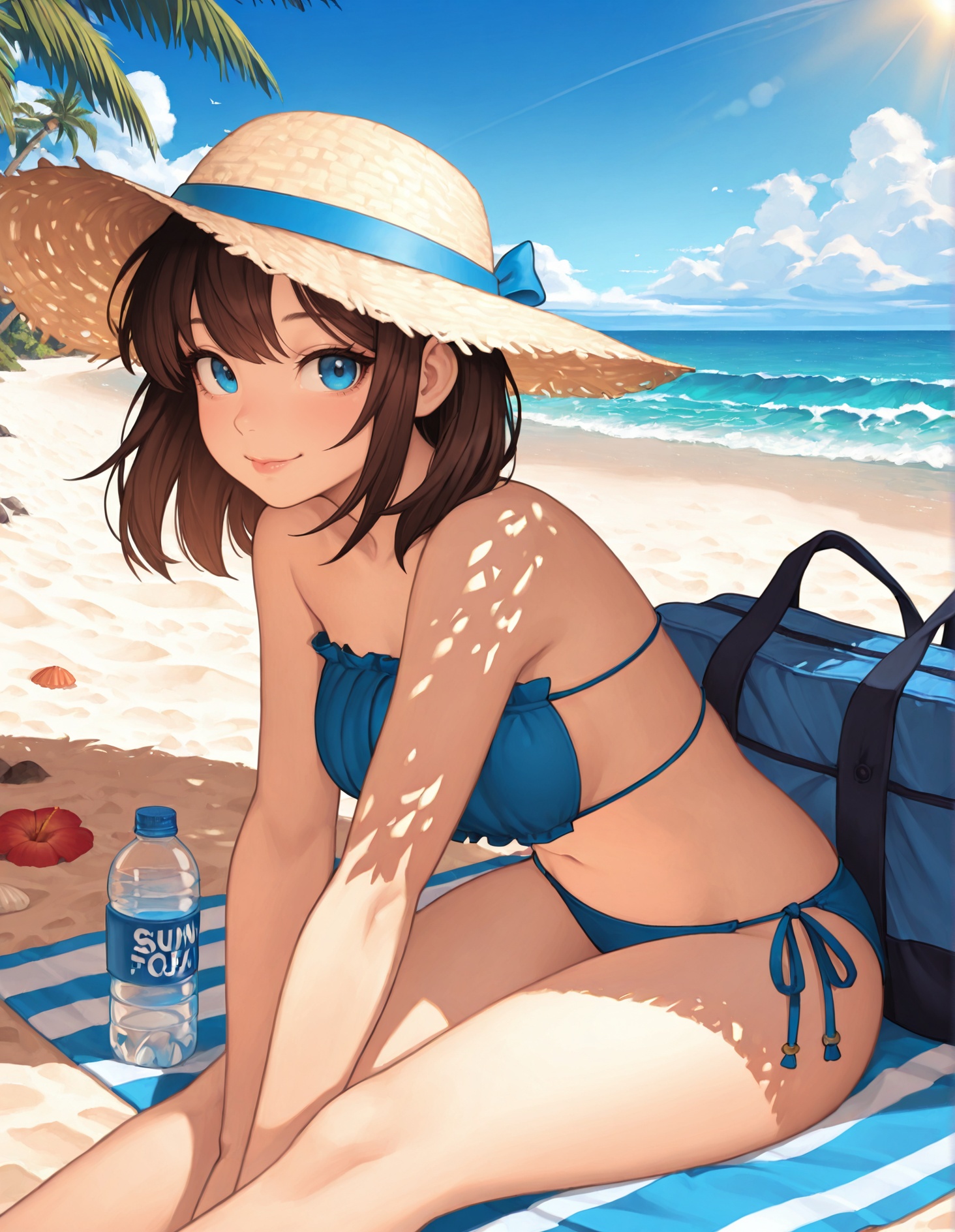 frilled bandeau,  blue bandeau,  blue side-tie bikini bottom on Tensor.Art