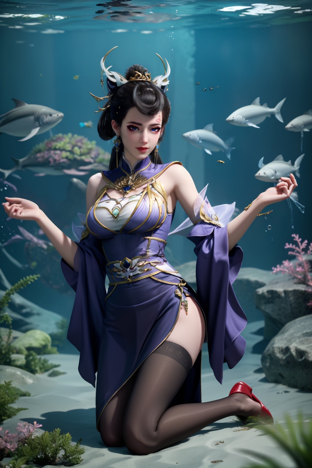 1girl,underwater,submerged,floating hair,air bubble,holding breath,see-through,masterpiece,best quality,highly detailed,fish,(wide hip:1.2),jellyfish,earrings,hair ornament,sea weed,coral reef,shark,sea turtle,sexy pose,kneeling,chinese dress,chinese clothes,big breasts,(looking at viewer:1.2),black pantyhose,arms up,torn pantyhose,