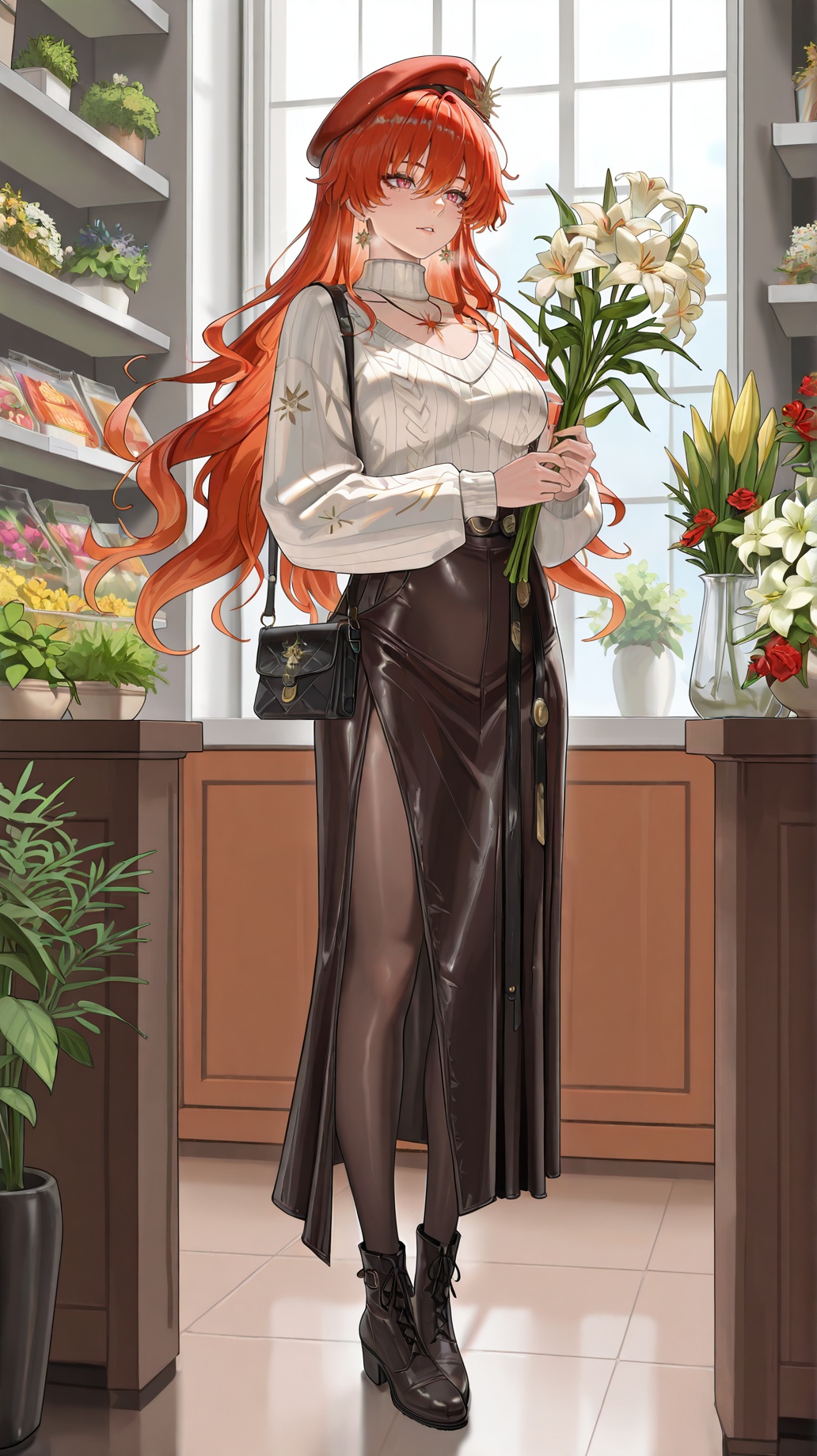 masterpiece,best quality,amazing quality,<lora:augusta-000025:0.8>,1girl,red eyes,red hair,augusta \(wuthering waves\),<lora:20250808-1754650692631:0.8>,zhigan3d,1girl,solo,warm_winter_style,cream_high_neck_sweater,ribbed_texture,brown_corduroy_midi_skirt,A-line_skirt,black_ankle_boots,thick_tights,woolen_beret,small_leather_handbag,holding_flower_bouquet,standing_at_flower_stand,flower_shop,fresh_roses,lilies (on shelf),green_leafy_plants,soft_store_light,daytime,floral_scent (implied),gentle_expression,