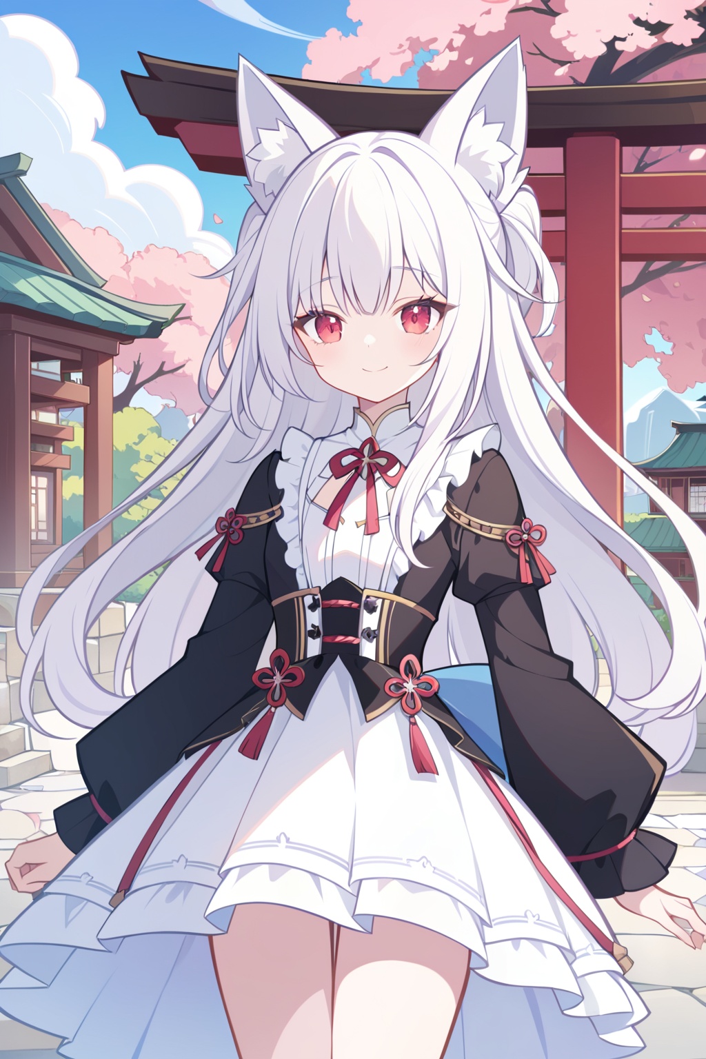 (((masterpiece))),(illustration:1.3),(((best quality))),amazing,detailed unity 8K CG wallpaper,ultra detailed,((1 14_years_old girl:1.1)),((fox girl)),(fox_ears),cowboy shot,long delicate_and_intricate white hair and white marble glowing skin,long hair,solo,beautiful pony_tail,beautiful glowing red eyes,delicate_and_intricate face,flowers on face,growth,nature,beautiful face,zoom in on eyes,standing,smile,(shy),(gorgeous [Gothic_Lolita:kimono:0.6] chiya),super detailed clothes,(extremely detailed background),torii,garden,stone brick road,fallen sakura_petals,pink_sakura_trees,spring,detailed sky and cloud,best lighting,sunburst,outline_shadow,incredibly_absurdres,<lora:liyueFP8-000002:0.6>,