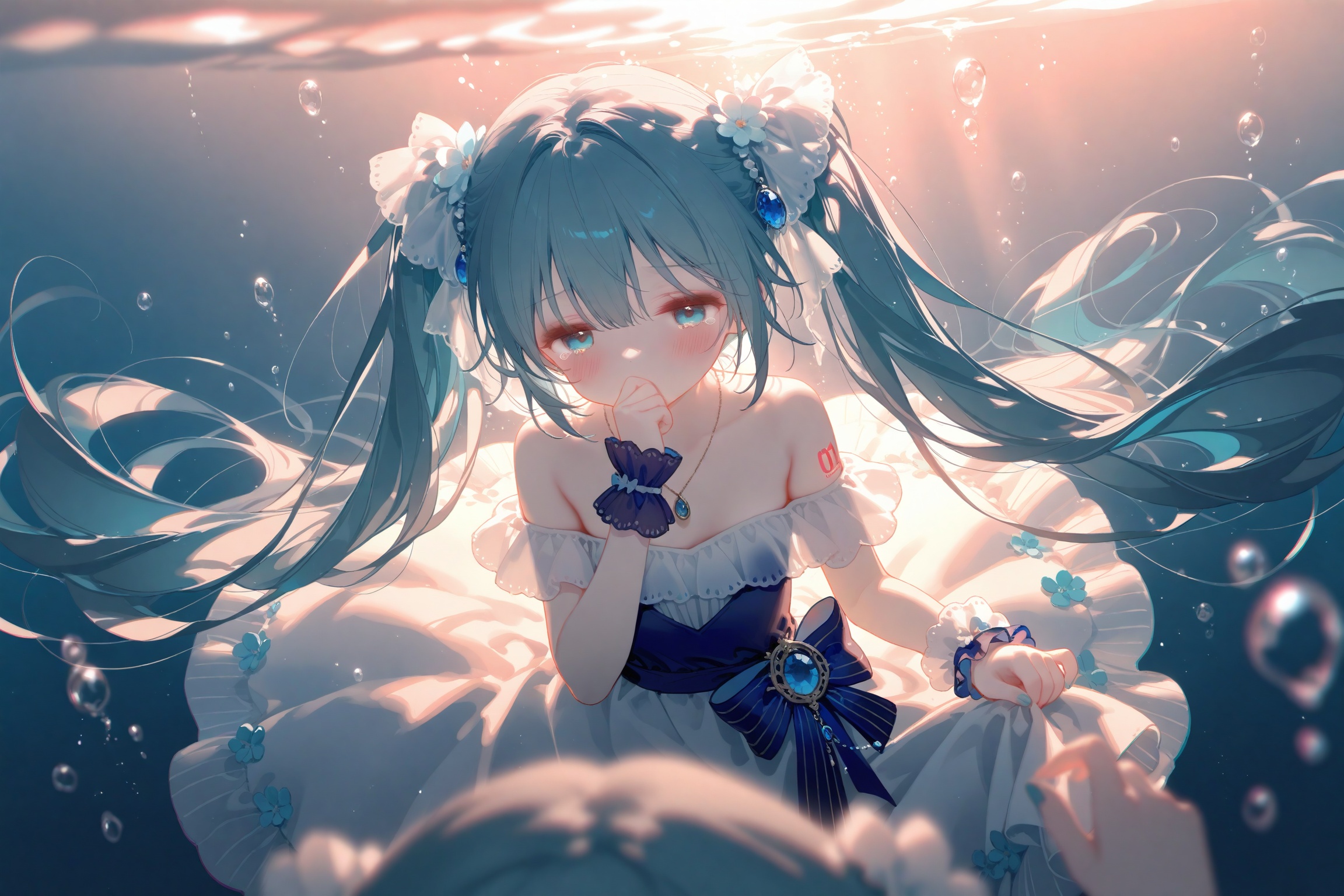 masterpiece,very aware,highres,absurdres,newest,best quality,loli,petite,high quality,chromatic_aberration,cinematic_angle,dutch angle,//,artist:ciloranko,artist:ningen_mame,artist:sho_(sho_lwlw),artist:rhasta,artist:wlop,artist:ke-ta,artist:hiten \(hitenkei\),//best,hatsune miku,jewelry,reaching,underwater,dress,necklace,bubble,reaching towards viewer,long hair,pov,air bubble,blue theme,solo focus,bare shoulders,white dress,blue eyes,submerged,twintails,collarbone,multiple girls,pov hands,2girls,off-shoulder dress,outstretched hand,blue hair,half-closed eyes,blurry,out of frame,hair between eyes,frills,pendant,aqua hair,hair ornament,outstretched arm,female pov,off shoulder,wrist cuffs,blurry foreground,very long hair,frilled dress,depth of field,covered mouth,blue nails,aqua eyes,skirt hold,floating hair,number tattoo,aqua theme,1girl,covering own mouth,fingernails,breasts,tattoo,nail polish,water,looking at viewer,caustics,brooch,drowning,aqua nails,shoulder tattoo,frilled cuffs,gem,flower,scrunchie,wide sleeves,backlighting,hair flower,sidelocks,open hand,short sleeves,reflection,dual persona,foreshortening,blurry background,arm tattoo,sunlight,small breasts,from above,1other,sleeveless,blush,hand up,shell hair ornament,amulet,sleeveless dress,wrist scrunchie,gloves,detached sleeves,white scrunchie,eyelashes,blue gemstone,blue dress,hair bow,blue gloves,tears,strapless,