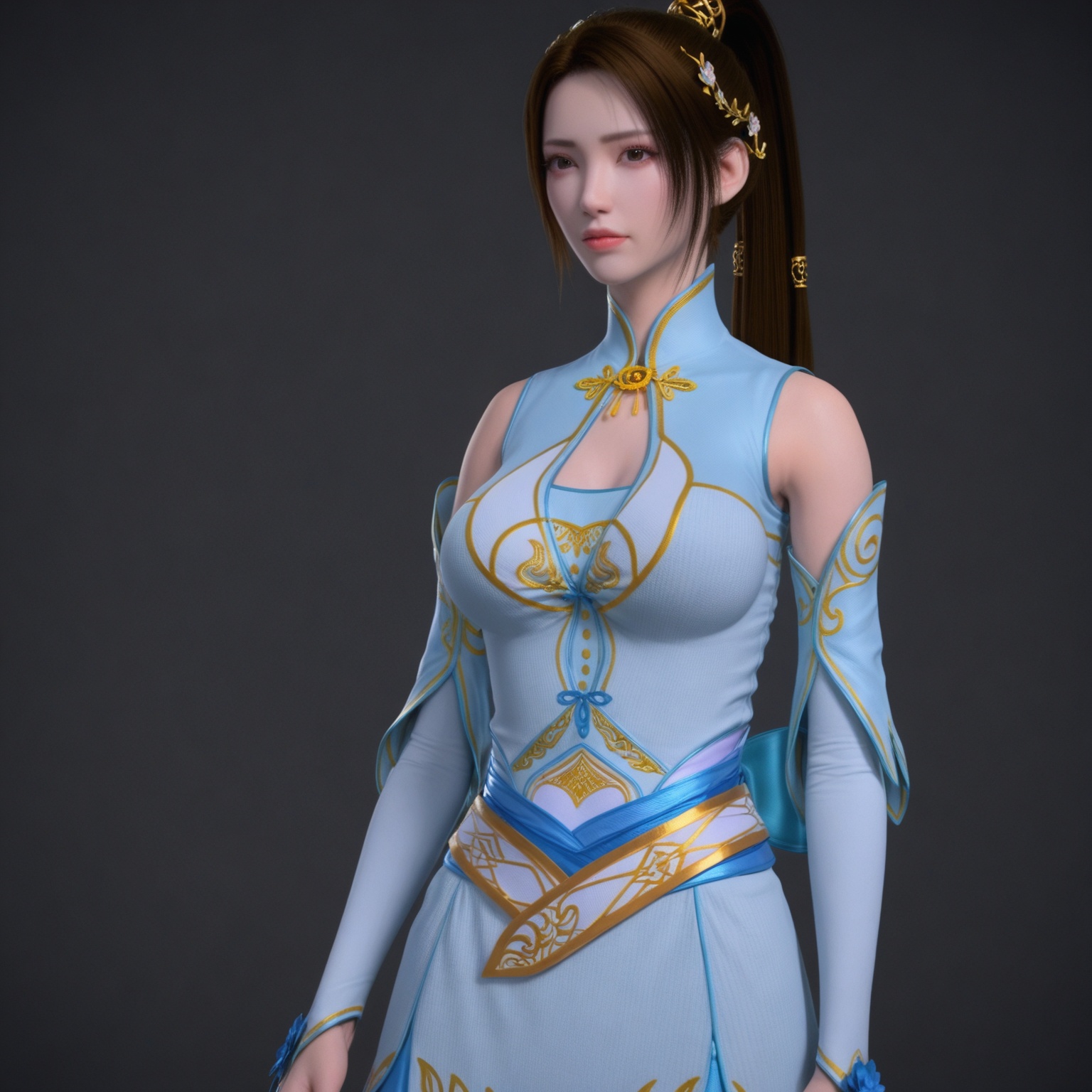1girl,solo,<lora:ponynalanyanranV1:0.8>,dress,hair_ornament,brown_hair,long_hair,detached_sleeves,ponytail,bare_shoulders,chinese_clothes,realistic,white_dress,thighhighs,lips,black_hair,brown_eyes,score_9,breasts,white_thighhighs,china_dress,flower,skirt,BREAK score_9,upper_body,portrait,shiny_skin,looking at viewer,cinematic lighting,volumetric lighting,solo focus,(huge breasts:0.9),(simple background,pure black background,black background:1.1),