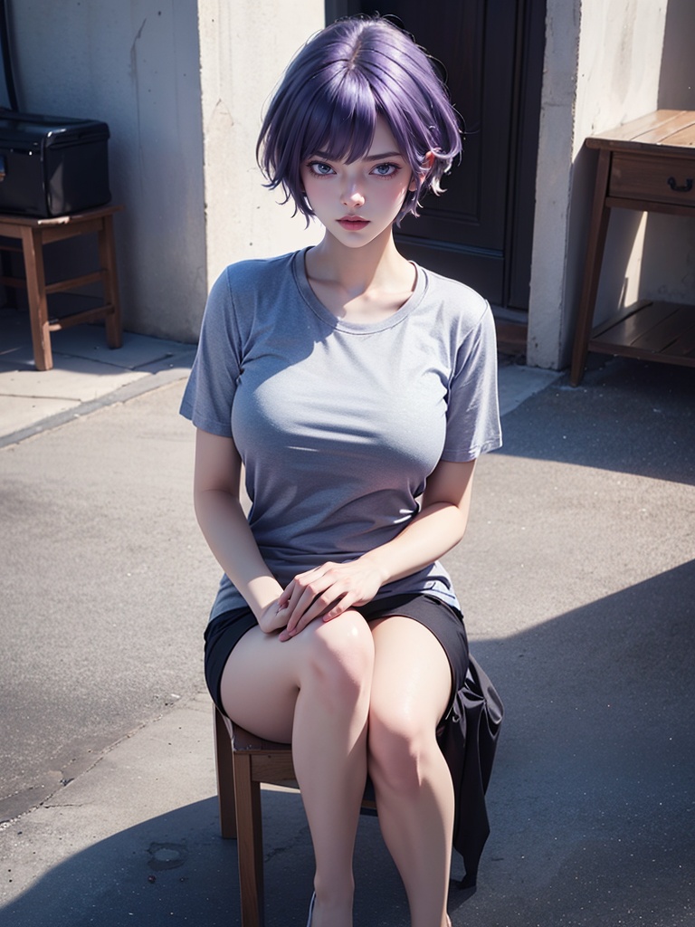 t-shirt,(purple hair:1.1),1girl,solo,full body,thin,(long legs:1.1),(thin legs:1.1),closed mouth,curvy,short hair,silver hair,medium breasts,looking at viewer,(masterpiece:1.3),8k wallpaper,best quality,extremely detailed CG,extremely delicate and beautiful,highres,photograph,photorealistic,<lora:byk_xx_real_v1:0.7>,