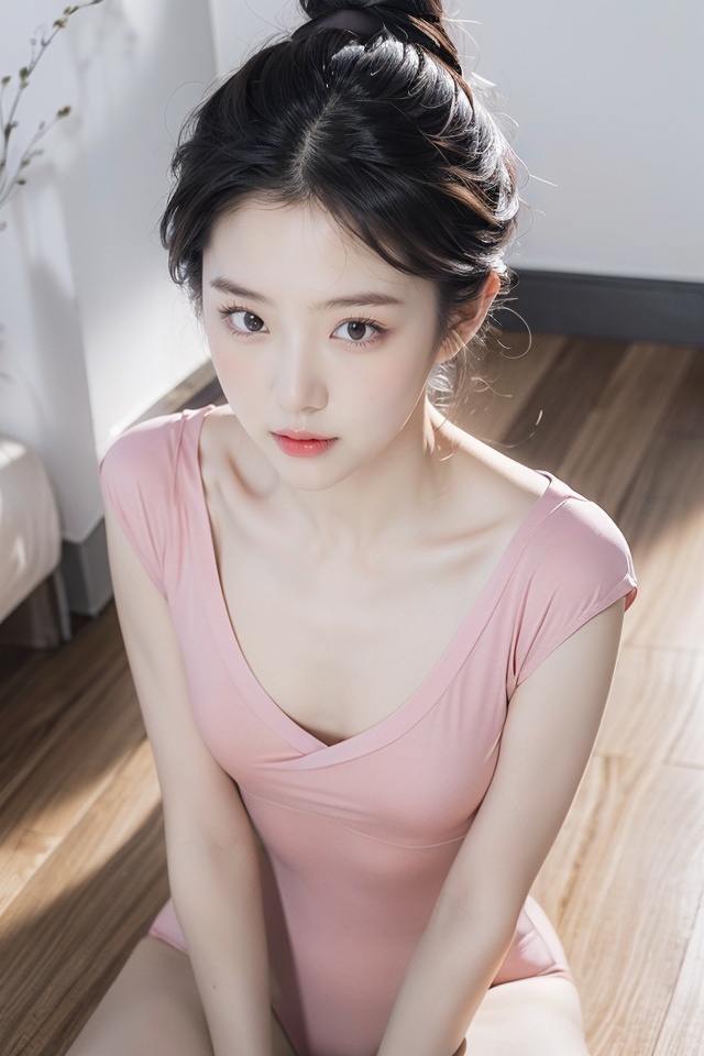 HDR,UHD,8K,Highly detailed,best quality,masterpiece,masterpiece, best quality, realistic,1girl,loli,upper body,from above, sitting,leotard,pink leotard,white skin,simple background,Studio lighting,(EOS R8,50mm,F1.2,8K,RAW photo,frontlight,(((masterpiece))), ((the best quality, super fine illustrations,)), ((very delicate light)), ((fine lighting,very fine 8KCG wallpapers)),