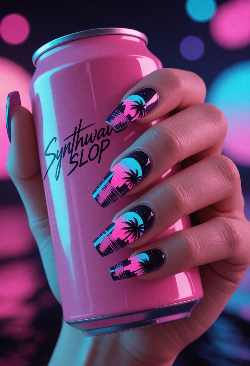 An ultra photorealistic macro close-up of a feminine hand with long glossy acrylic nails,  captured at a slight dutch angl...