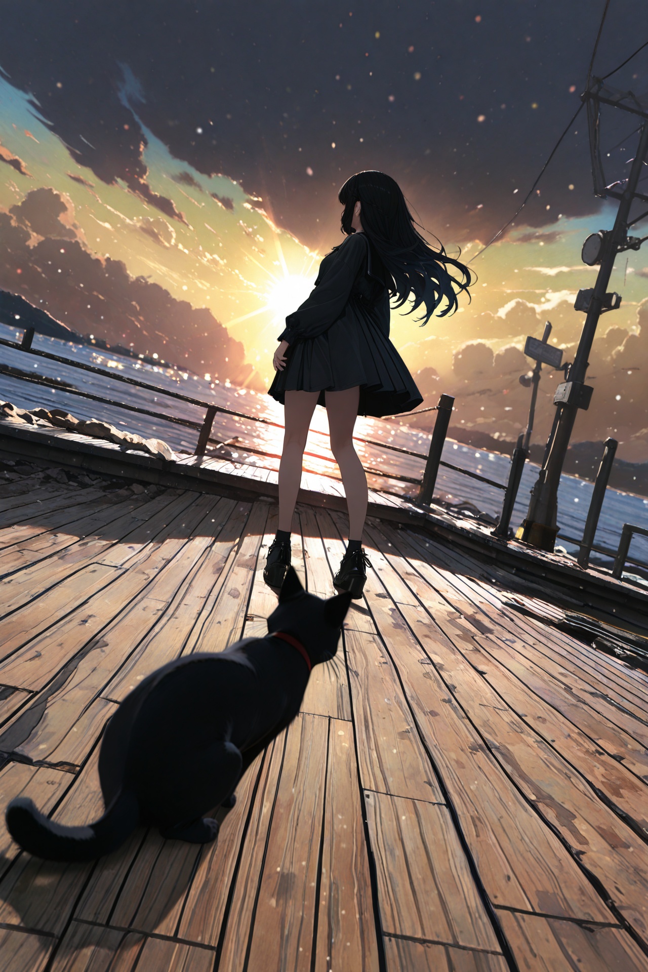 masterpiece,best quality,amazing quality,very aesthetic,absurdres,newest,in the style of fashion photography,light particles,cinematic lighting,Visual impact,sharp focus,Emotionalization,depth of field,dynamic pose,dutch angle,extreme aesthetic,scenery,sketch, 1girl, black hair, long hair, pier, sky, sunlight, Black cat, standing, Silhouette, usnr BREAK masterpiece, best quality, good quality, very awa, very aesthetic, absurdres, newest, (Perfect details), haiz_ai, no lineart,no outline,
