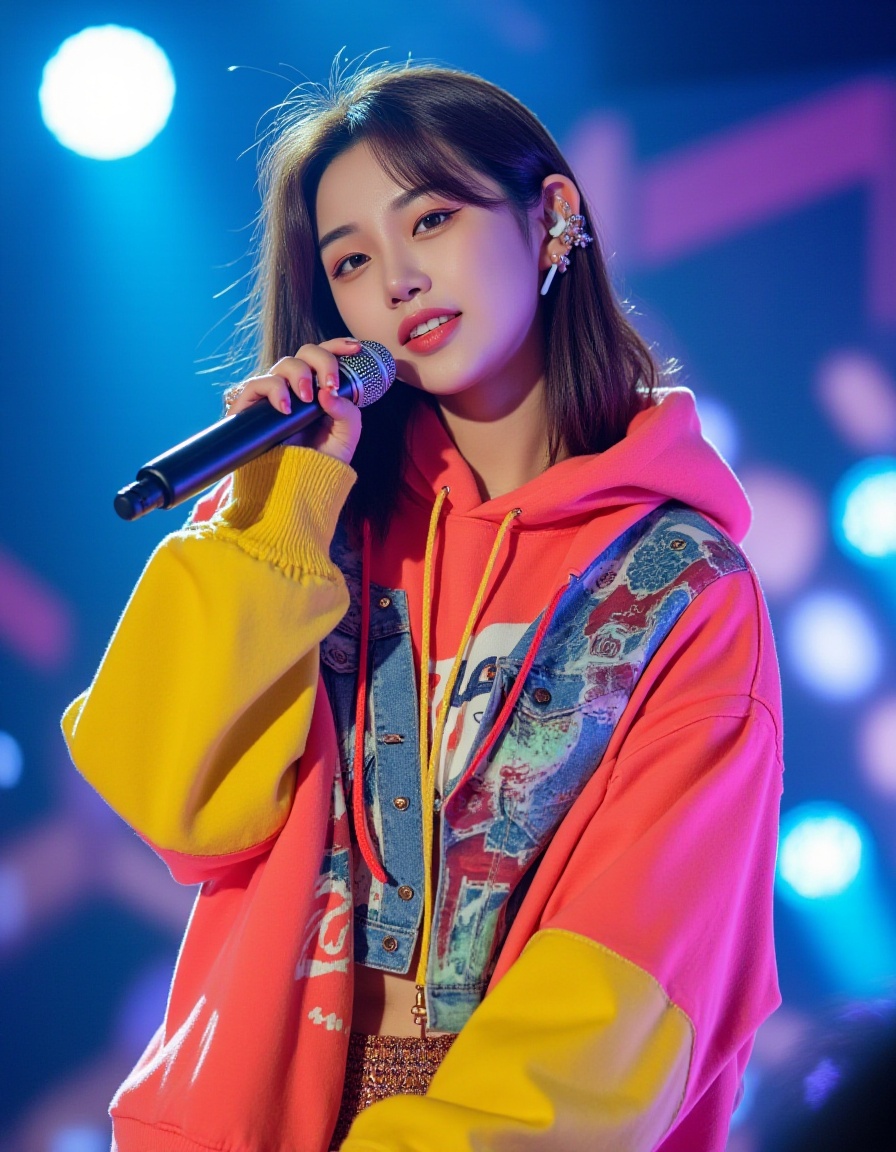 Charming and fashion-forward South Korean young woman performing on stage; wearing vibrant street style outfit(e.g., bright oversized hoodie or slim-fit denim jacket with unique patterns) paired with trendy underlayer,perhaps with a subtle crop top hint; she is singing into a sleek wireless ear microphone (earpiece clearly visiblebut integrated look), lips slightly parted in song, eyes sparkling and showing a playful, mischievous smile thathints at her personality; dynamic pose on the stage floor or small platform, surrounded by spotlights creatingdramatic highlights and shadows; background focuses on an abstract stage design with glowing elements or vibrantcolorful lights; overall aesthetic is modern K-Pop idol style meets street fashion, conveying confidence, energy,and a fun vibe through detailed illustration.