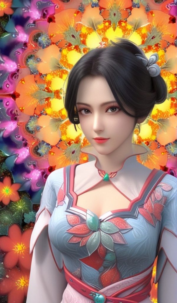 <lora:703-DA-XL-少年歌行-墨花雪:0.8>(,1girl, ,best quality, ),looking at viewer,,anime,(masterpiece, top quality, best quality, official art, beautiful and aesthetic:1.2), (1girl)	, , (cleavage),extreme detailed,(fractal art:1.3),colorful, flowers ,highest detailed,()    (cleavage), (),