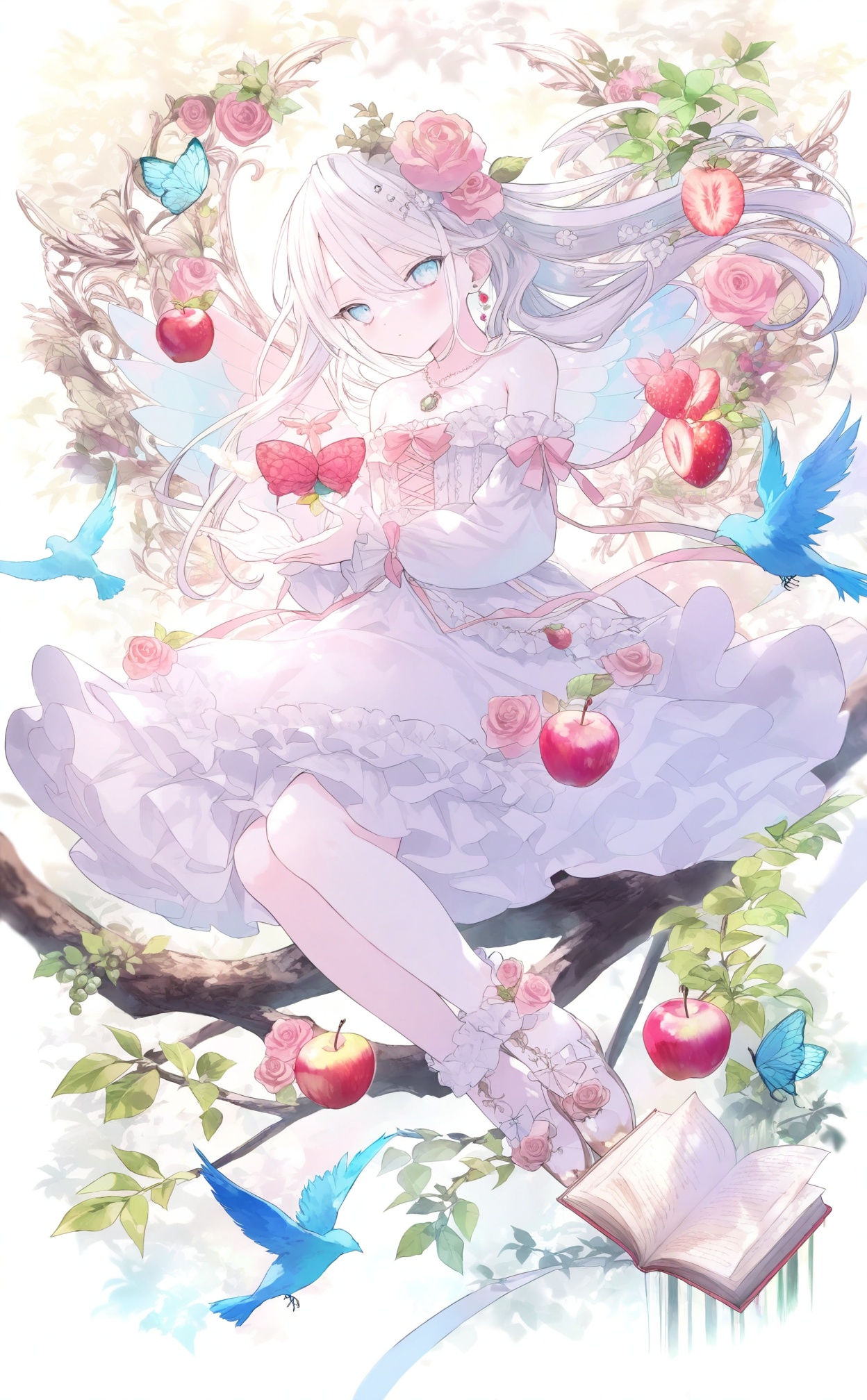 masterpiece,absurdres,best quality,loli,petite,high quality,chromatic_aberration,//,1girl, fruit, flower, food, butterfly, dress, hair ornament, solo, white dress, bug, hair flower, long hair, grapes, rose, wings, pink flower, book, white hair, looking at viewer, bare shoulders, detached sleeves, blue eyes, jewelry, frills, strawberry, frilled dress, apple, open book, floating, earrings, pink rose, full body, long sleeves, leaf, blue butterfly, floating hair, ribbon, branch, very long hair, bird, hair between eyes, necklace//,<lora:guimao2025.10.24——【noob】hans:1>,