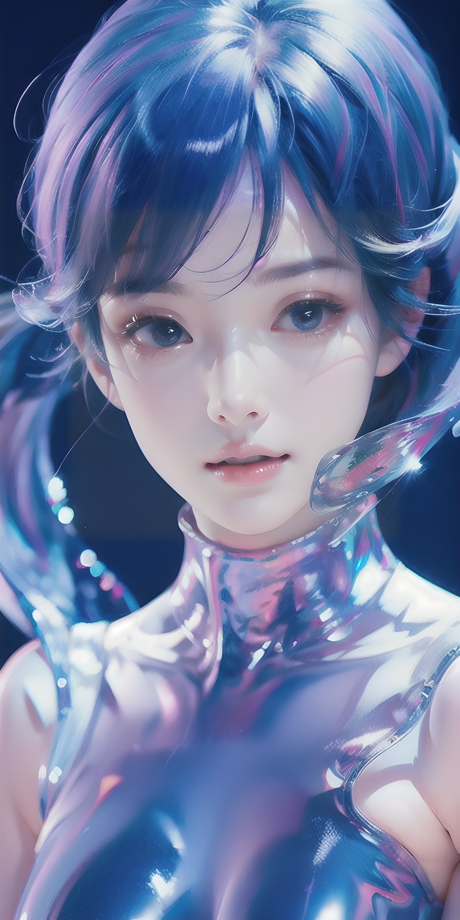 1girl, solo, blue eyes, hair over one eye, smile, looking at viewer, upper body,(holo hair), (purple|blue hair),breasts, lips, bangs, nose, closed mouth, medium breasts, realistic, simple background,(realistic:1.5),masterpiece, Extremely detailed CG unity 8k wallpaper, best quality, highres:1.2),(ultra_detailed, UHD:1.2),(pixiv:1.3),perfect illumination,distinct,unreal engine,sidelighting,perfect face,detailed face,beautiful eyes,pretty face,(bright skin:1.3),idol,ulzzang-6500-v1.1,soft smile,(simple background),(depth of field),(ringed eyes:1.4), (holo,holographic hair,holographic body),water, holo water,  <lora:holo_20230701001227:0.6>, <lora:meinv123:0.9>, <lora:磨砂玻璃几何（微软风）:1.0>, 
