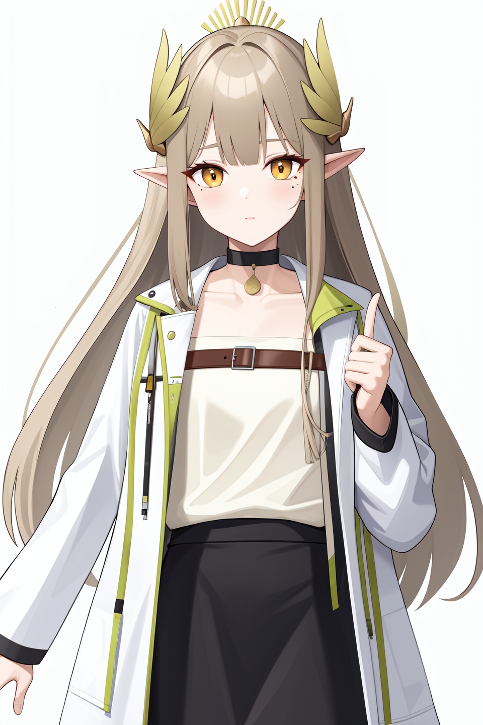 <lora:缪尔赛思v2:1:lbw=char>,muelsyse,1girl,solo,long sleeves,white coat,open coat,black choker,white jacket,mole,high quality,collarbone,shirt,open jacket,laurel crown,black skirt,, (masterpiece,best quality,high quality:1.4),absurdres,