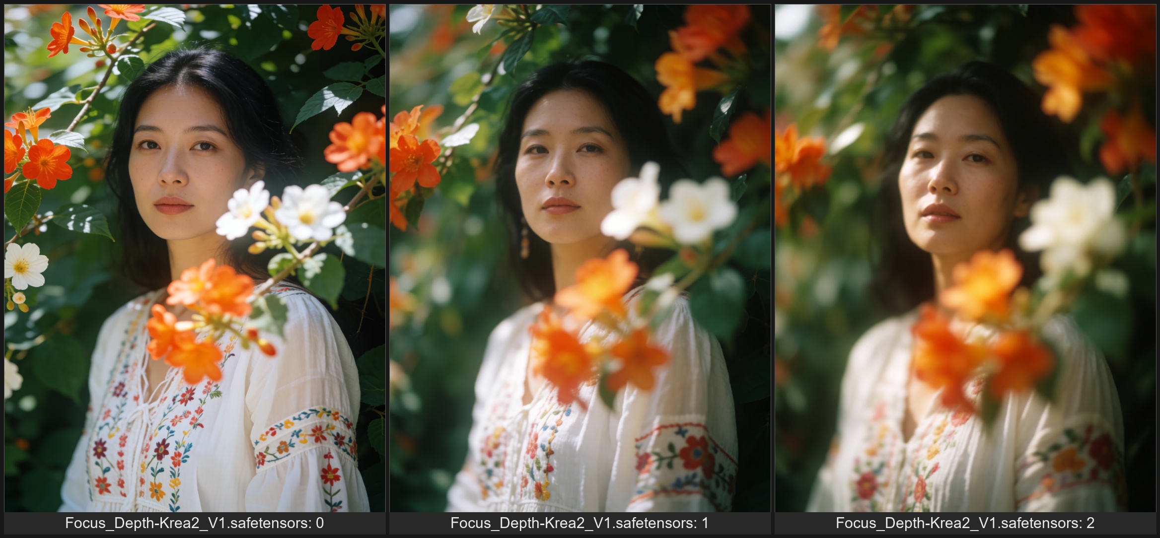 A East Asian woman stands amidst lush,  green foliage,  framed by vibrant orange and white flowers. Her dark hair contrast...