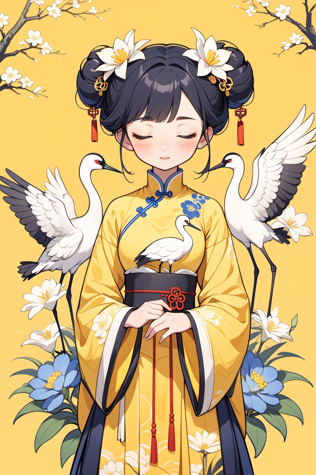 new chinese style,1girl,solo,closed eyes,black hair,hair bun,flower,bird,hair ornament,standing,blush,long sleeves,yellow background,crane (animal),double bun,blue flower,bangs,white flower, symmetrical composition,, masterpiece,best quality,very aesthetic,absurdres,