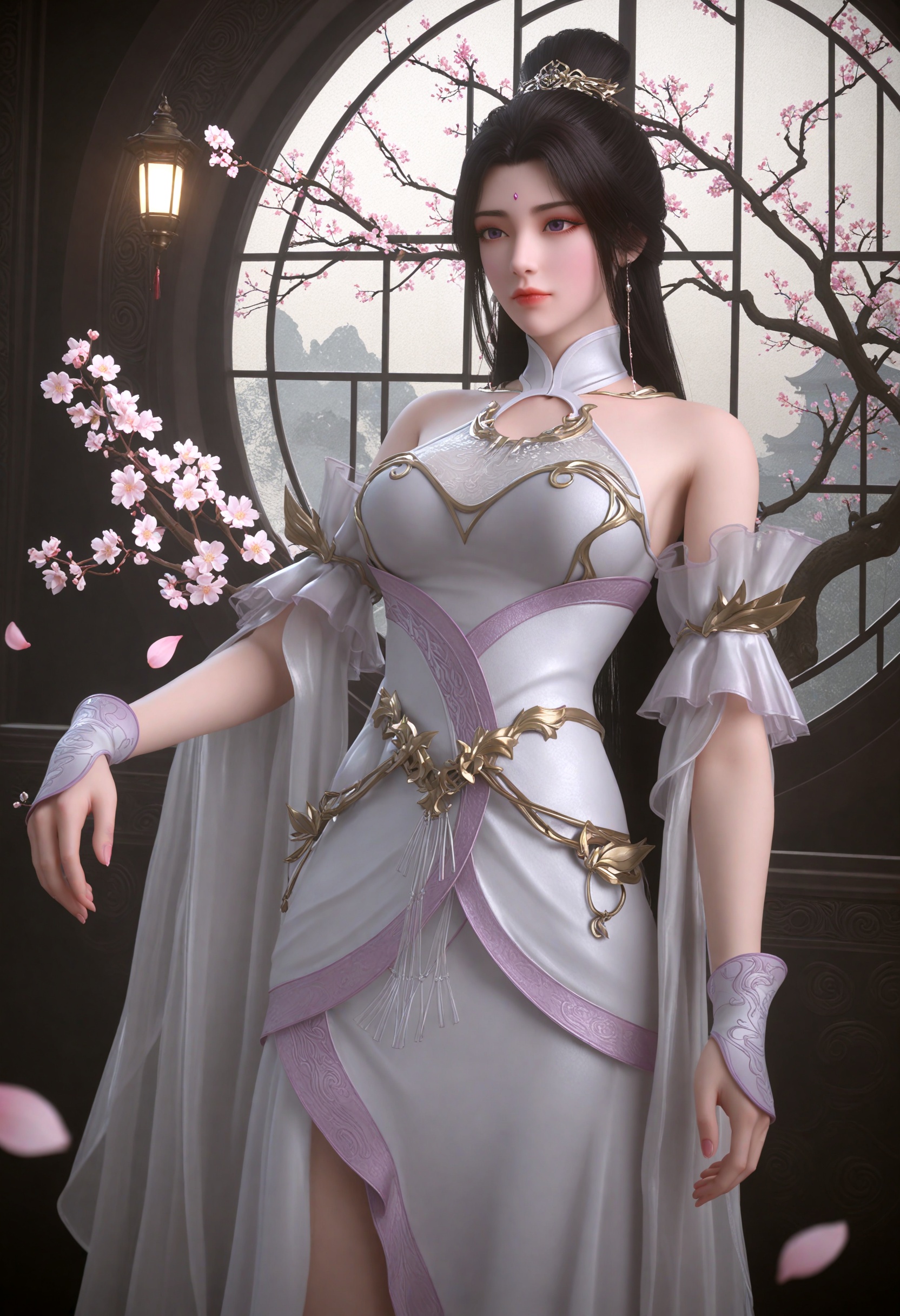 (cowboy shot:1.2),(gigantic breasts:0.6),(slender:1.3),(looking_at_viewer:1.1),(masterpiece:1.1),(best quality:1.2),(intricate details),dim lighting,(smog:1.3),(Dark room:1.3),(dim lighting:1.3),peach blossom,falling petals,<lora:YQ_li光辉v5_月婵_V1:0.8>,qq1528437228,solo,1girl,long_hair,dress,bare_shoulders,hair_ornament,black_hair,jewelry,white_dress,hair_bun,earrings,forehead_mark,single_hair_bun,brown_hair,purple_eyes,facial_mark,detached_sleeves,realistic,chinese_clothes,gloves,ribbon,forehead_jewel,masterpiece,(best quality),(intricate details:0.9) BREAK masterpiece,(best quality),(intricate details:0.9),(realistic skin:1.2),