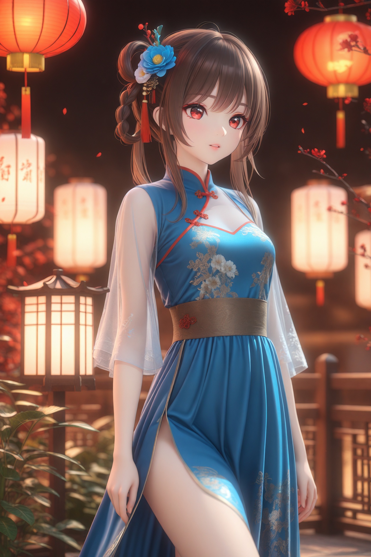 (masterpiece),(best quality),illustration,ultra detailed,hdr,Depth of field,(colorful),(chromatic aberration),mmd,1girl,solo,dress,lantern,flower,hair ornament,blue dress,red eyes,chinese clothes,hair flower,paper lantern,black hair,bangs,see-through,branch,brown hair,standing,hair rings,long hair,
