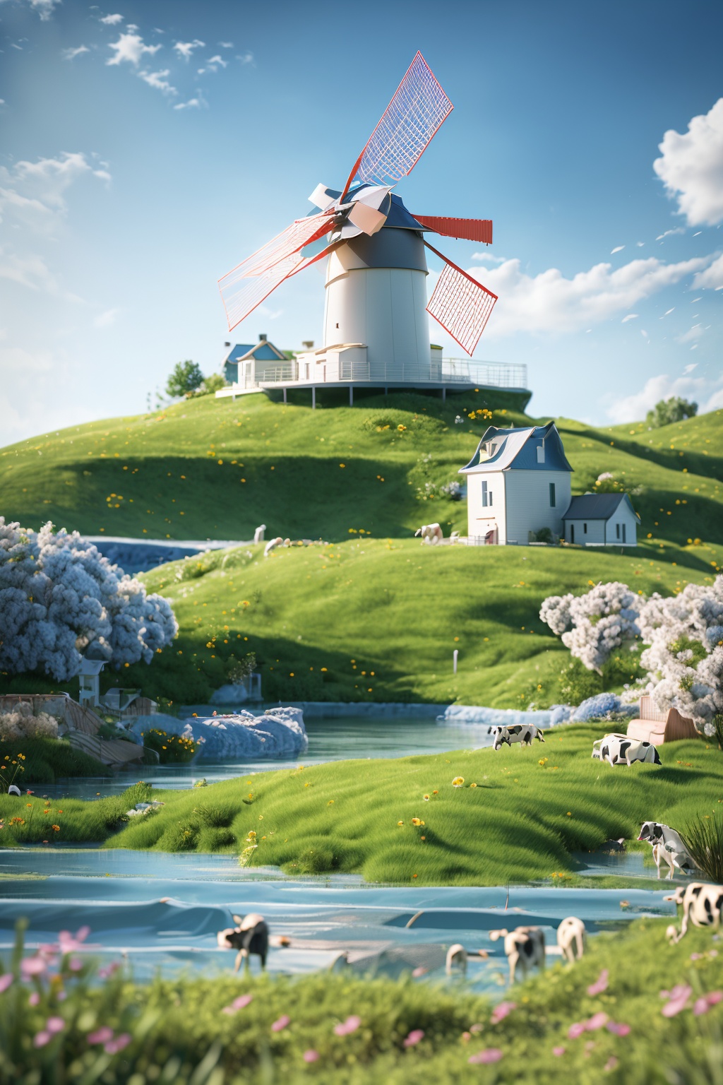 product photography,still life,OC rendering,C4D,3D,dairy cattle,outdoors,sky,day,cloud,water,tree,blue sky,no humans,animal,building,scenery,fence,house,bridge,windmill,