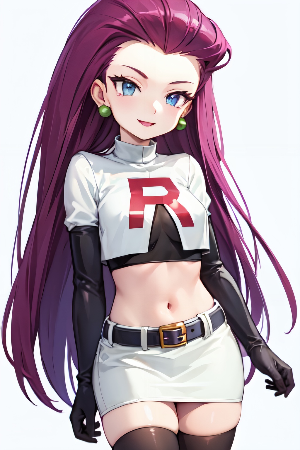 <lora:jessie-v2:1> jessie pokemon, solo, team rocket, gloves, hair slicked back, long hair, jewelry, skirt, navel, thighhighs, earrings, elbow gloves, team rocket uniform, crop top, blue eyes, midriff, white background, belt, black gloves, very long hair, simple background, smile, black thighhighs, purple hair, looking at viewer, breasts, white skirt, miniskirt