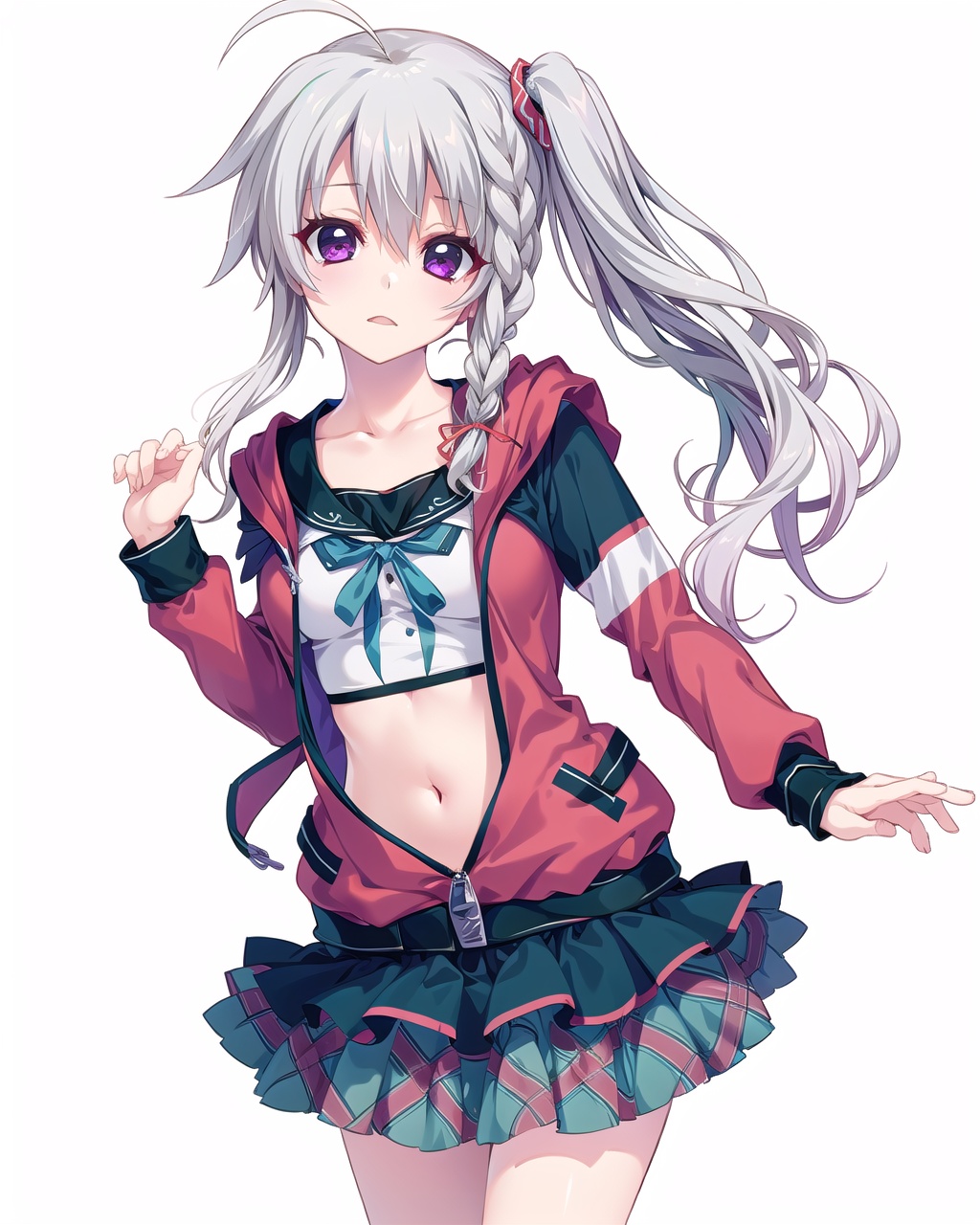 niimisora,white hair,purple eyes,ahoge,side ponytail,side braid,sora jacket,sora skirt,navel,, masterpiece,best quality,