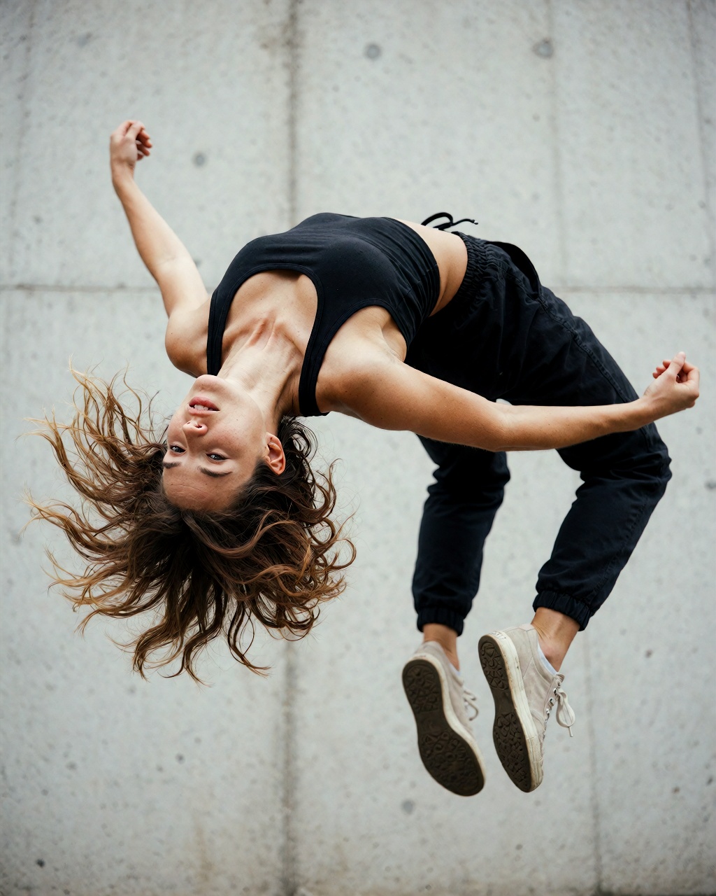A young Caucasian woman,  aged precisely 28 years old,  captured mid-backflip in dynamic motion against a plain concrete w...