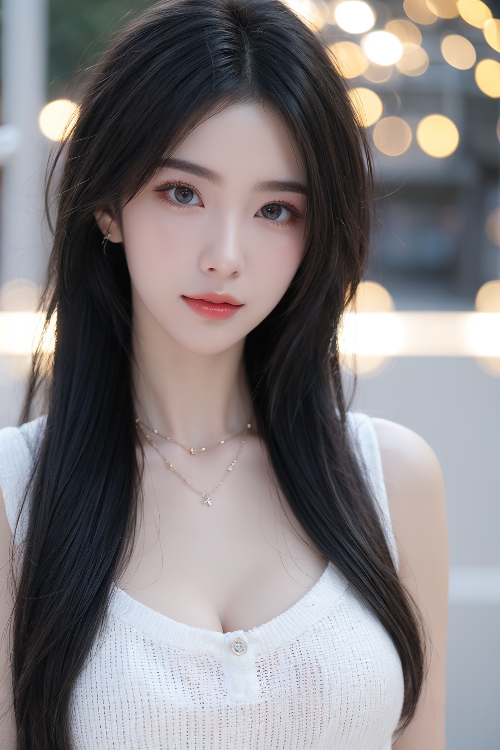 1girl, black hair, blurry, blurry background, bokeh, depth of field, jewelry, lens flare, lips, long hair, looking at viewer, necklace, outdoors, sleeveless, solo <lora:美女:0.8>