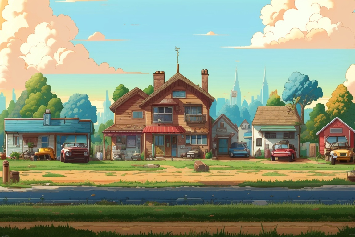 ((HRD, HUD, 8K)),((masterpiece, best quality)), highly detailed, soft light,GameScenes, no humans, outdoors, cloud, scenery, sky, building, tree, day, blue sky, road, window, house, car, motor vehicle, cloudy sky, grass, ground vehicle, city, <lora:20240330-1711769468704:0.9>