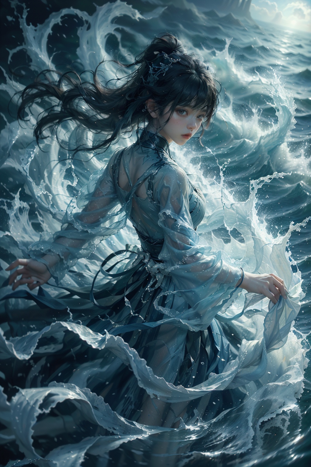haifeisiv6,  painting of a woman in a blue dress floating in the ocean,  cgsociety and fenghua zhong on Tensor.Art