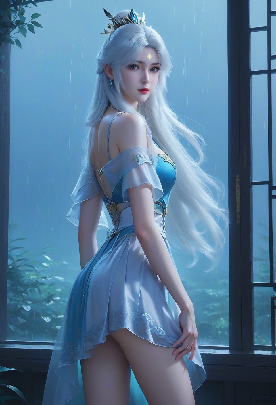 score_9,score_8_up,score_7_up,break.,china dlrb,China girl,mole,1girl,solo,looking at viewer,(sedimentary layer contrast:1.4@z0.7-1.0),white hair,skirt,bare legs,pov,from side,(nm style),1girl,solo,looking at viewer,magic forest,facial,ambient lighting,(girl at x0,y1:1.4),fairy,(rain （环境氛围） beyond z0.7:1.6),(neon lights details:1.3@z0.7-1.0),neon lights,vampire,china,outfit,miniskirt,<lora:16完美世界银凰:0.8>,