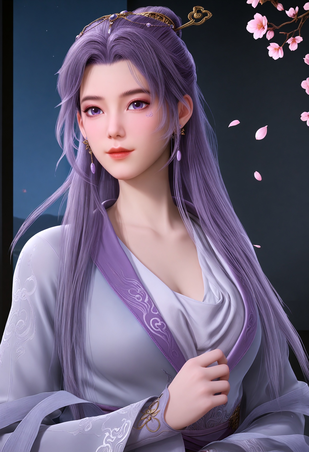 (upper_body:1.3),(looking_at_viewer:1.1),(masterpiece:1.1),(best quality:1.2),(intricate details),(smog:1.3),(Dark room:1.3),(dim lighting:1.3),peach blossom,falling petals,<lora:YQ_Illustrious光辉v5_云霄仙子_V1:0.8>,(q1528437228:1.2),long_hair,solo,1girl,purple_hair,hair_ornament,purple_eyes,jewelry,earrings,realistic,dress,long_sleeves,hair_bun,chinese_clothes,hanfu,blue_eyes,hair_stick,masterpiece,(best quality),(intricate details:0.9) BREAK (intricate details:0.9),(realistic skin:1.2),masterpiece,best quality,newest,absurdres,hiahres,