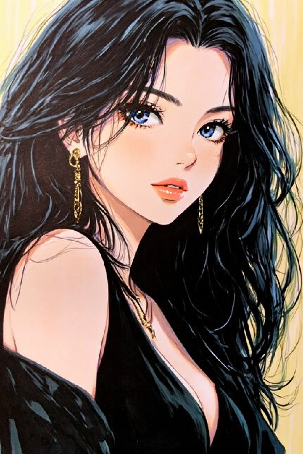 ZOZ_MKBA,a close-up portrait of a woman with long,wavy black hair and striking blue eyes,captured from a portrait camera angle,the woman appears to be in her mid-twenties,with a serious expression and parted lips,wearing a black off-the-shoulder top that reveals her cleavage,she has large,expressive blue eyes that are looking directly at the viewer,and her hair is styled in loose waves that cascade down her back,she is adorned with gold earrings and a delicate necklace,which adds to her elegant and sophisticated look,the background is a soft,blurred gradient of yellow and green hues,which contrasts with the womans striking features,the artists signature is visible in the bottom right corner of the image,adding a touch of professionalism to the overall composition,