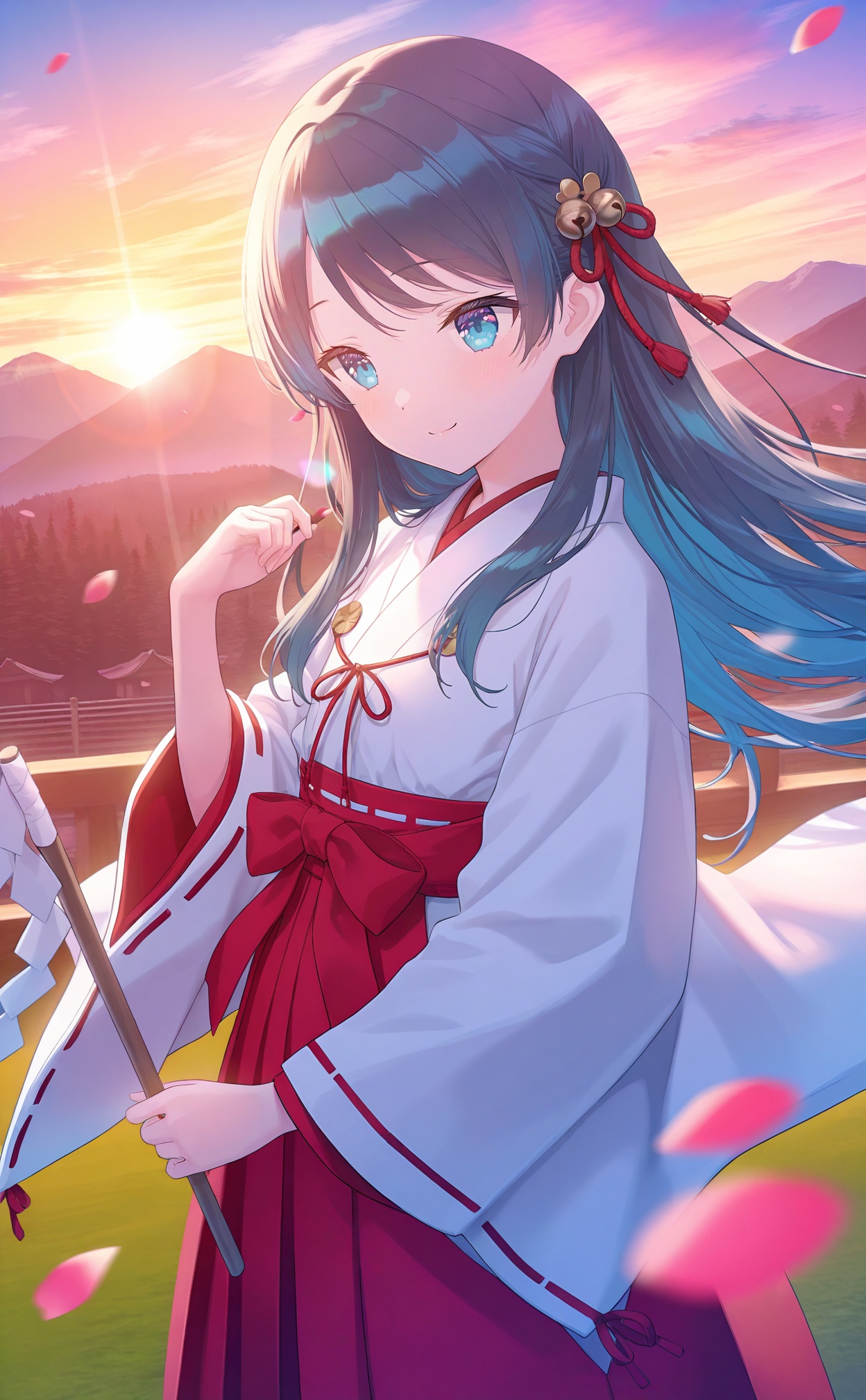 masterpiece,very aware,highres,absurdres,newest,best quality,(loli),petite,high quality,chromatic_aberration,//,1girl,solo,long_hair,japanese_clothes,hair_ornament,smile,bell,kobayakawa_sae,black_hair,sunrise,mountain,gohei,kimono,outdoors,blue_eyes,petals,blue_hair,miko,cloud,sunset,//,artist:luvluvvox,artist:fukai ryosuke,[artist:Torino aqua],artist:minato hitori,hiten_(hitenkei),artist:rurudo,artist:lazuri7,artist:yunikon,//,absurdres,newest,very aesthetic,amazing quality,highres,sensitive,ultra detailed,best anatomy,HDR,8K,high detail RAW color art,high contrast,illustration,depth of field,(colorful),phenomenal aesthetic,detailed light,blurred picture,Tyndall effect,contrast,lens flare,cinematic lighting,//,<lora:PVC5——【noob】hans:0.3>,<lora:konya_karasue——【noob】hans:0.5>,<lora:pjsk-noob-hans:0.65>,