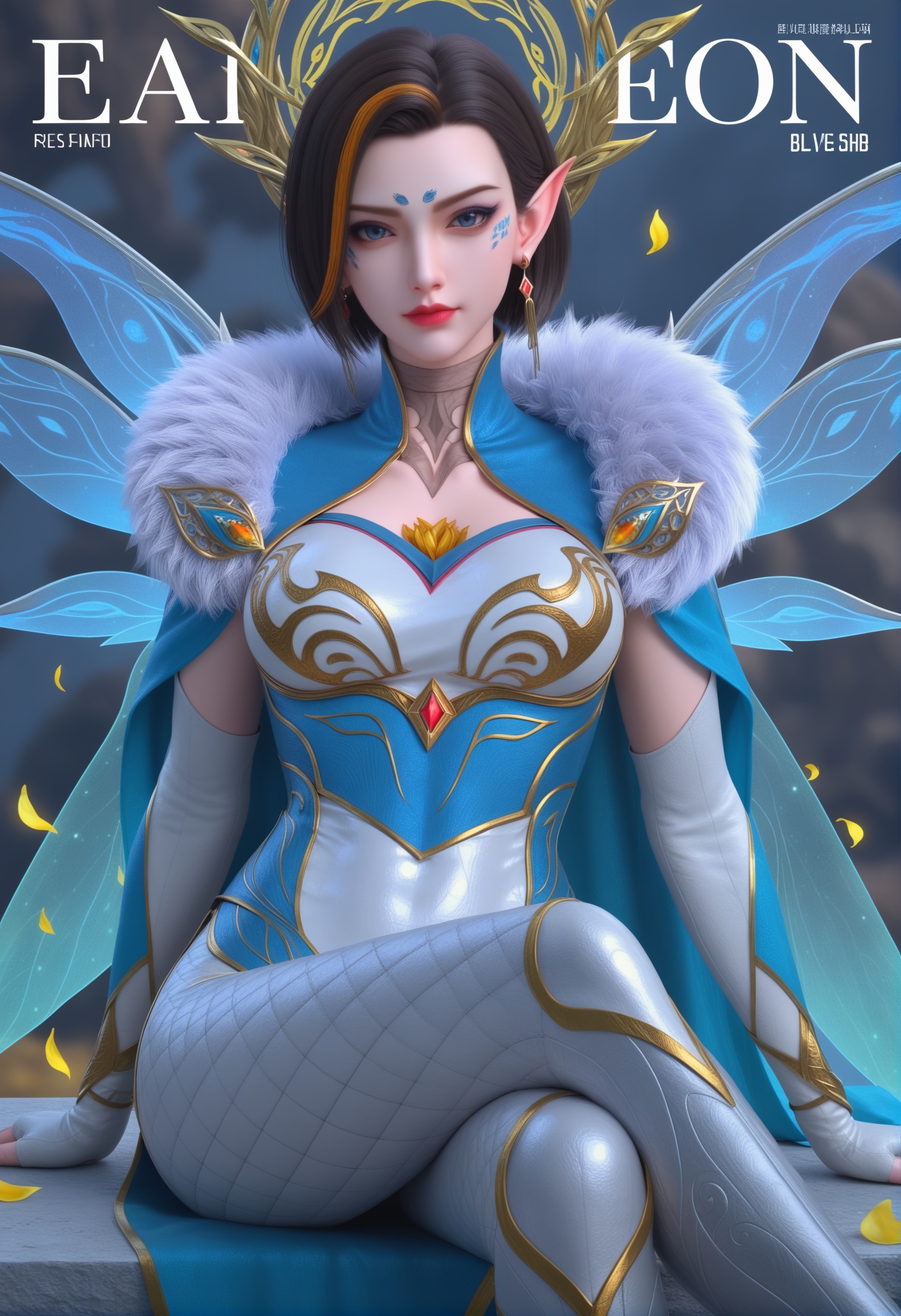 score_9,score_8_up,score_7_up,1girl,solo,sitting,(crossed_legs:1.2),(magazine cover theme:1.05),(arms_behind_back:1.1),1girl,solo,realistic,cleavage cutout,cleavage,pointy ears,dress,high collar,fur-trimmed cape,fur trim,cape,blue dress,(white bodysuit:0.7),halo,insect wings,multicolored hair,white gloves,detached wings,glowing wings,elf,fairy wings,butterfly wings,facial mark,elbow gloves,blue wings,fingerless gloves,gloves,clothing cutout,blue cape,armored boots,boots,realistic,jewelry,hair ornament,earrings,gem,bracelet,1girl,solo,realistic,(mature face:1.2),big eye,slender face,shiny_skin,short hair,streaked hair,brown hair,blonde hair,orange hair,blue eyes,eyelashes,eyeliner,eyeshadow,forehead mark,red lips,closed mouth,realistic,(advertising cover:0.8),grey_background,gradient_background,(white_background:0.9),falling petals,(depth of field:1.2),depth_of_field,(looking at viewer:1.1),<lora:小巳-凤凰pony:0.8>,