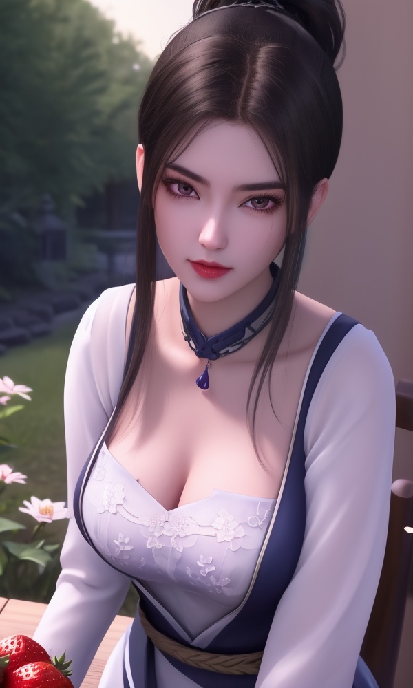 (,1girl, ,best quality, ),looking at viewer, <lora:432-DA-少年歌行-陈飞瑶:0.8> ,ultra detailed background,ultra detailed background,ultra realistic 8k cg, , ,masterpiece, (( , )),, ultra realistic 8k cg, ,      ,lily \(flower\) ,full moon ,strawberry blossoms      (cleavage), (),