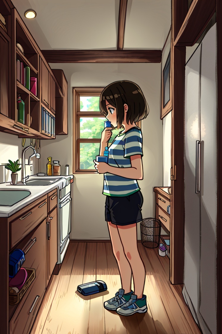 ((HRD, HUD, 8K)),((masterpiece, best quality)), highly detailed, soft light,1girl, short hair, solo, brown hair, shorts, fish, profile, towel, indoors, striped shorts, refrigerator, plant, bottle, standing, striped, shelf, shadow,