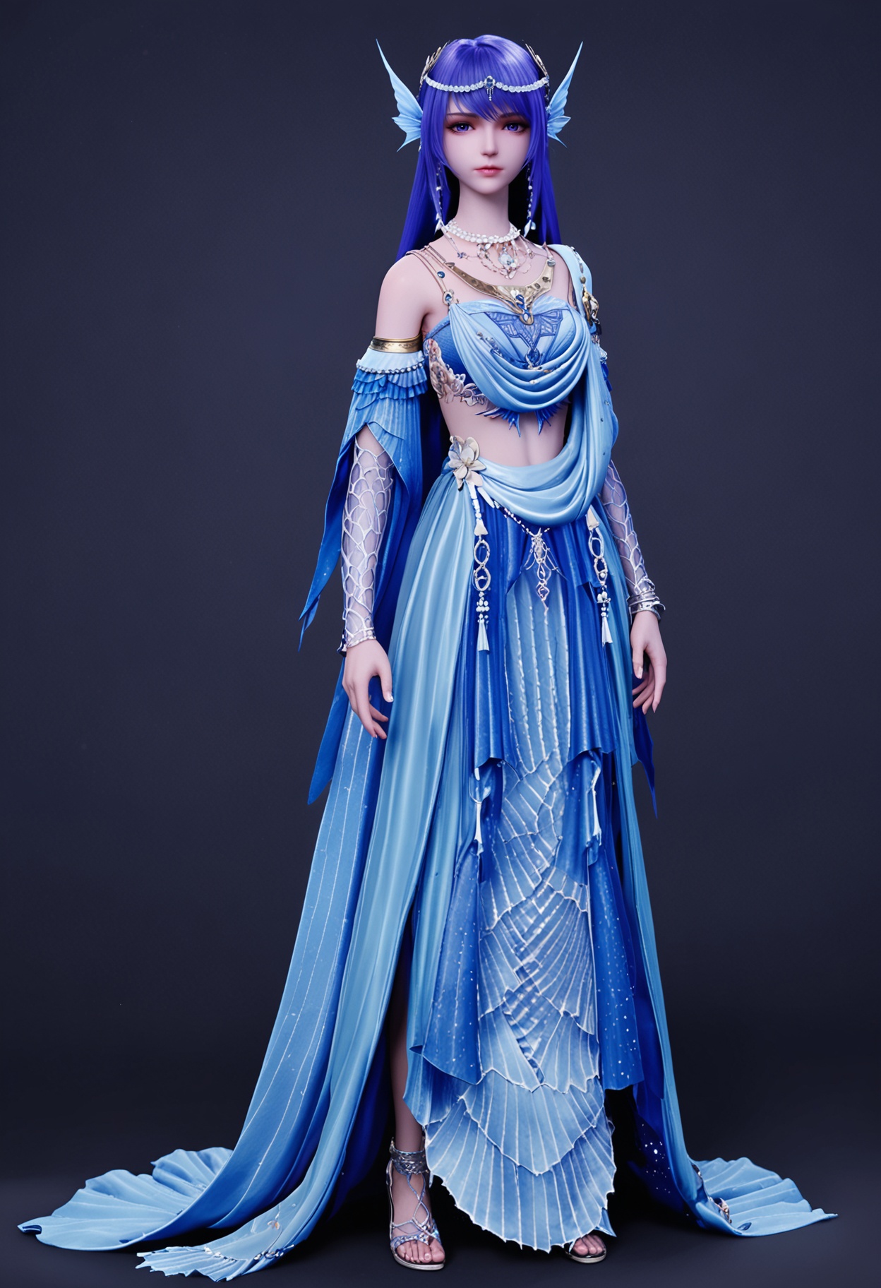 (full_body:1.1),(looking at viewer:1.1),facing viewer,direct gaze,<lora:YQ_pony_shengcaier_fuzhuang5_V4:0.8>,q1528437228,1girl,solo,blue hair,jewelry,long hair,necklace,hair ornament,blue eyes,earrings,fins,head fins,dress,purple eyes,detached sleeves,blue dress,midriff,purple hair,beads,pearl necklace,skirt,bracelet,BREAK (white skin:1.1),(fair skin:1.1),(Ivory skin:1.1),(shiny skin),perfect anatomy,(simple background,pure black background,black background:1.1),