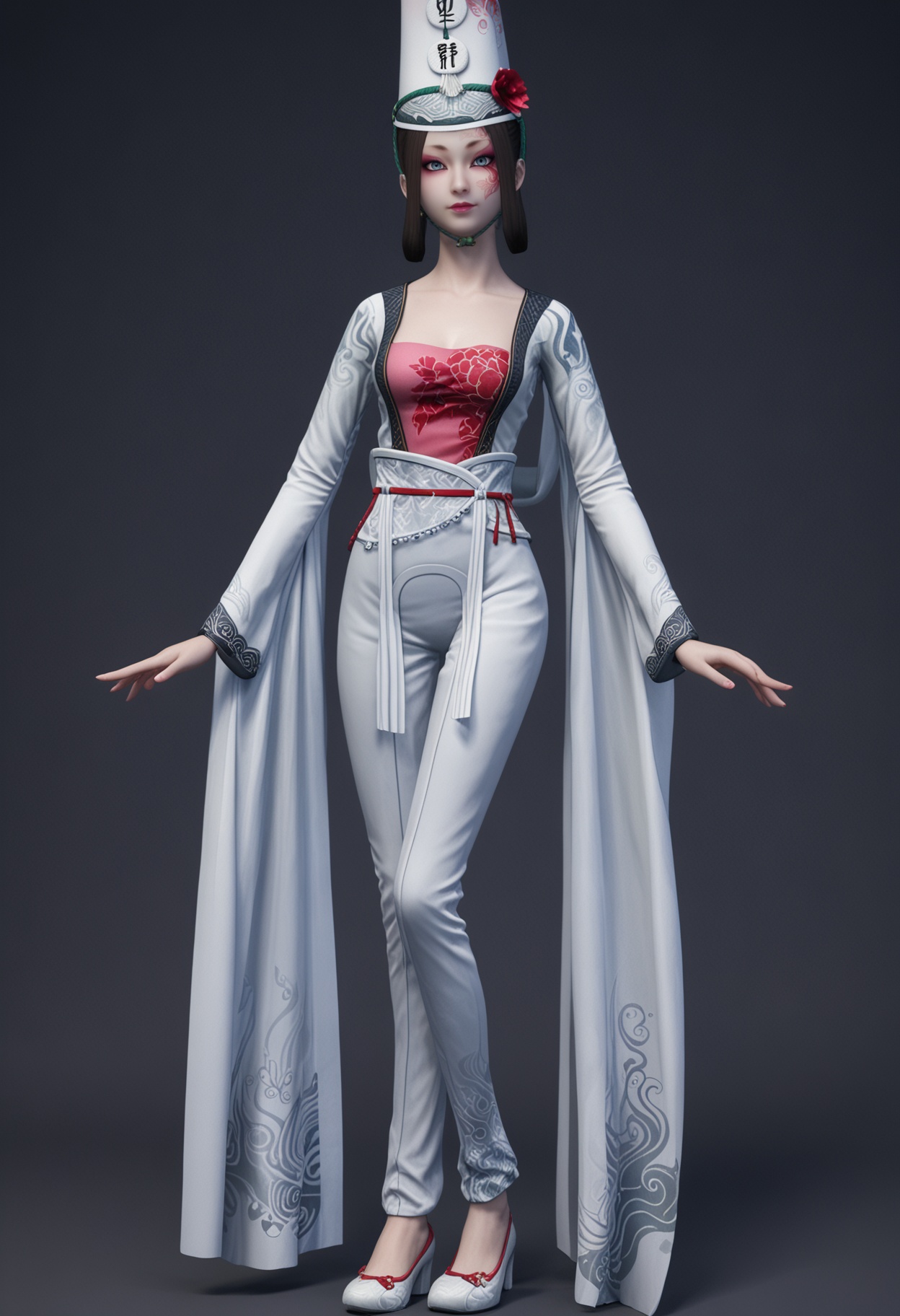 (standing full_body:1.1),(looking at viewer:1.1),facing viewer,direct gaze,<lora:YQ_pony_baiwuchang_changxuanlin_V4:0.8>,q1528437228,1girl,solo,black hair,hat,hair flower,makeup,chinese clothes,dress,hair ornament,long sleeves,grey eyes,blue eyes,facepaint,hair rings,eyeshadow,pants,jewelry,headwear,long hair,facial mark,short hair,brown hair,shoes,BREAK simple background,pure black background,black background,perfect anatomy,