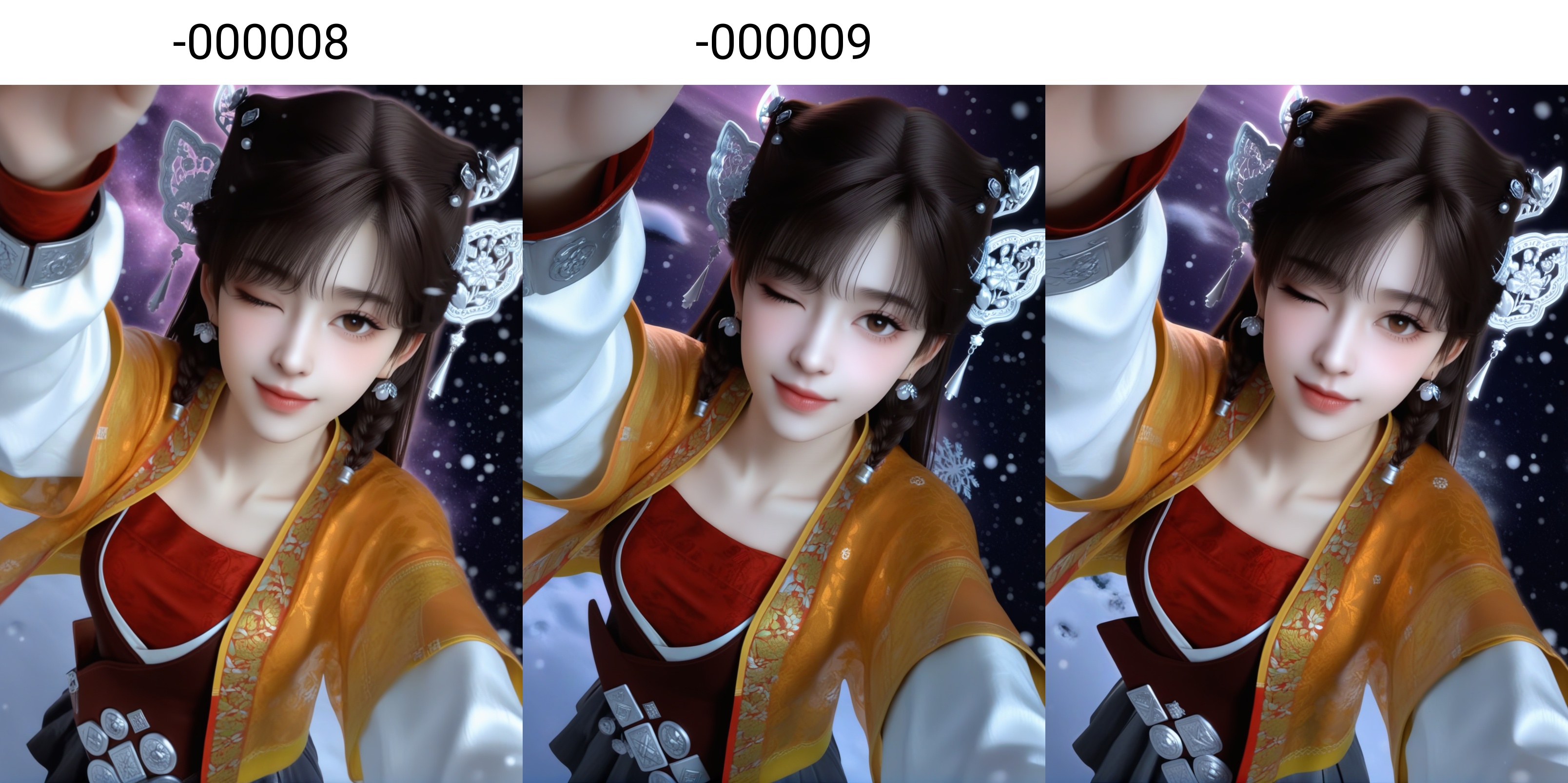 masterpiece,best quality,absurdres,highres,<lora:雪见-ill-000008:0.85>,1girl,solo,dangling tassels,filigree design,butterfly-shaped hairpiece,silver hairpins,hair ornament,dark brown hair,pearl beads,pearl earrings,twin braids,long hair,light blush,brown eyes,layered_dress,short jacket,red tube top,puffed sleeves,white inner sleeves,waist belt,embroidered cuffs,pleated skirt,XueJian,collarbone,one eye closed,smile,looking at viewer,from above,reaching towards viewer,lying,upper body,BREAK(white_skin:1.1),(fair_skin:1.1),realistic,twig,branch,falling petals,snow,snowing,snowflakes,simple background,black background,rim light,Volumetric Lighting,lens flare,Tyndall effect,depth of field,bokeh,sparkle,moon,star \(sky\),purple sky,