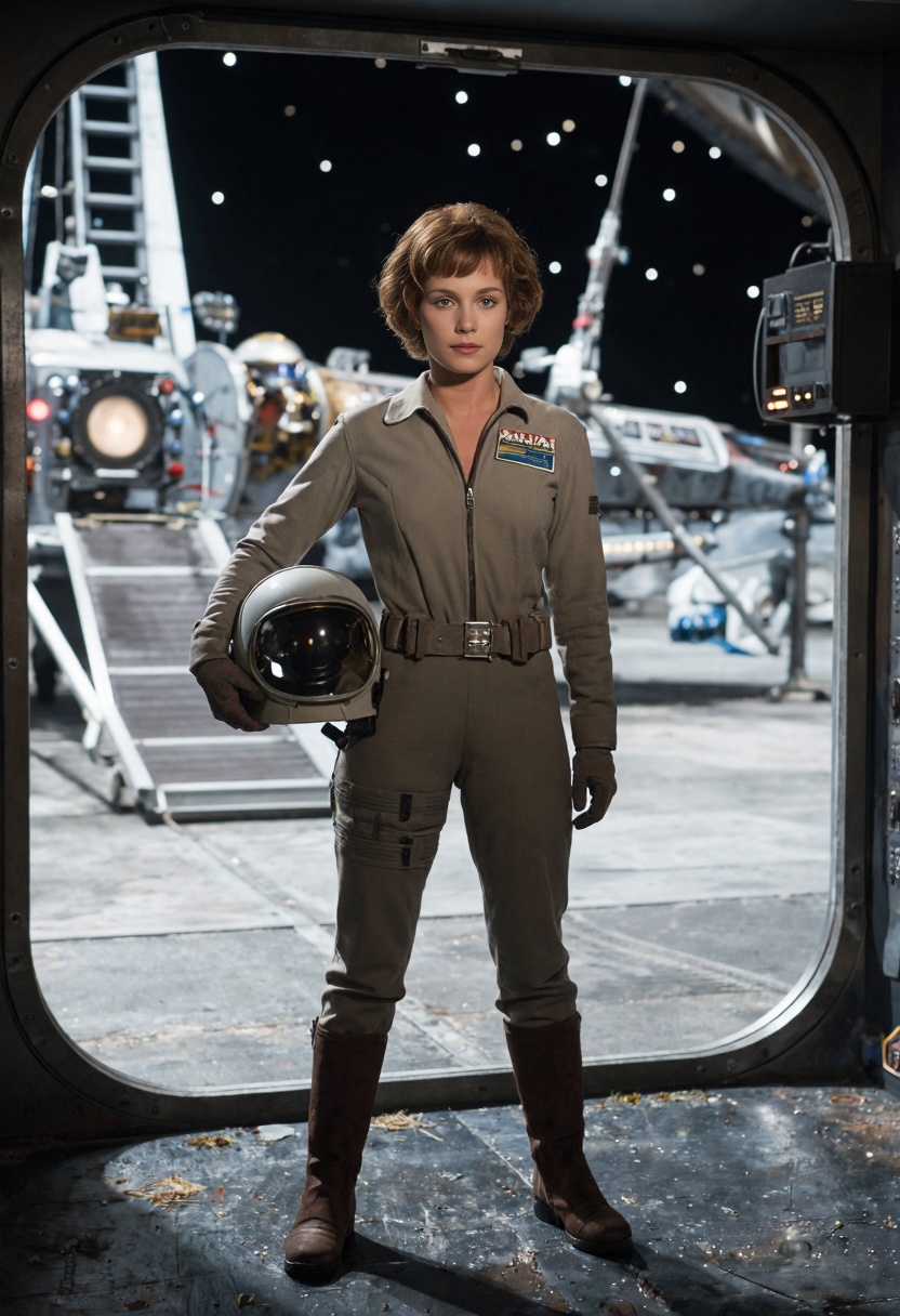 50s_scifi,  a female space captain standing on an alien planets. she holds a helmet under her arm. in the background we se...