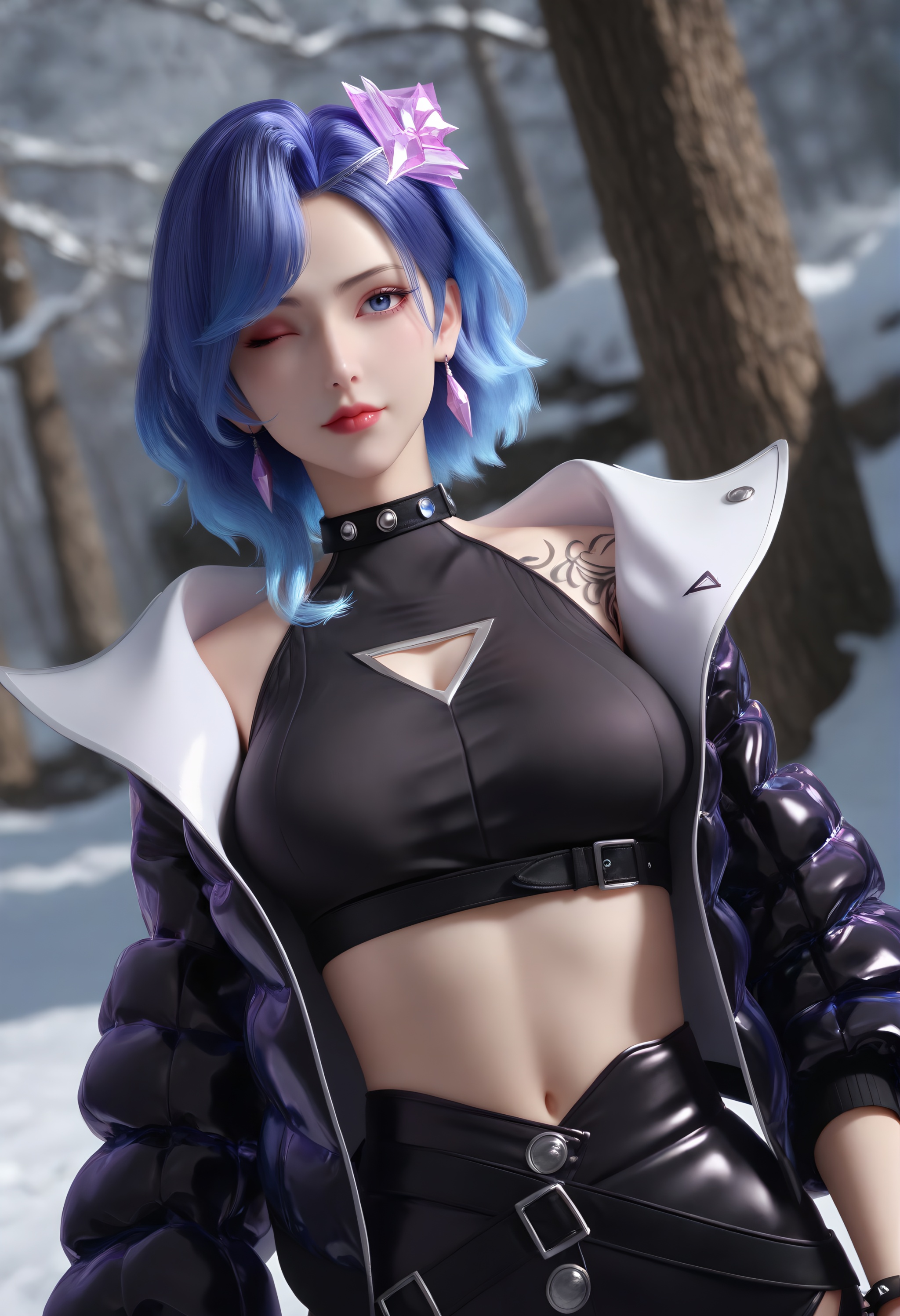 (score_9),upper body,,close-up,<lora:想入菲菲-apony:0.83>,xrff,solo,1girl,blue hair,hair ornament,jewelry,earrings,<lora:Expressive_H-000001:0.832>,light blush,blue eyes,looking at viewer,front view,wink,one eye closed,belt collar,gem,open jacket,crop top,black_crop top,clothing cutout,cleavage cutout,shoulder tattoo,spiked bracelet,spoken heart,dutch angle,dynamic_angle,(mature_female:1.2),collarbone,pointy breasts,puffy breasts,(large teardrop breasts),groin,(mound_of_venus),navel,<lora:e肤色滑块:0.5>,fair_skin,(pale_skin),(white_skin),<lora:e色温:0.35>,light skin,ultra-detailed skin texture,detailed textures,<lora:皮肤凹痕:1.2>,BREAKsimple background,in snow,Tyndall effect,available light,depth of field,tree,snowflakes,branch,twig,Tyndall effect,available light,depth of field,rock,4K ultra HD,sharp focus,high detail,natural lighting,high contrast,