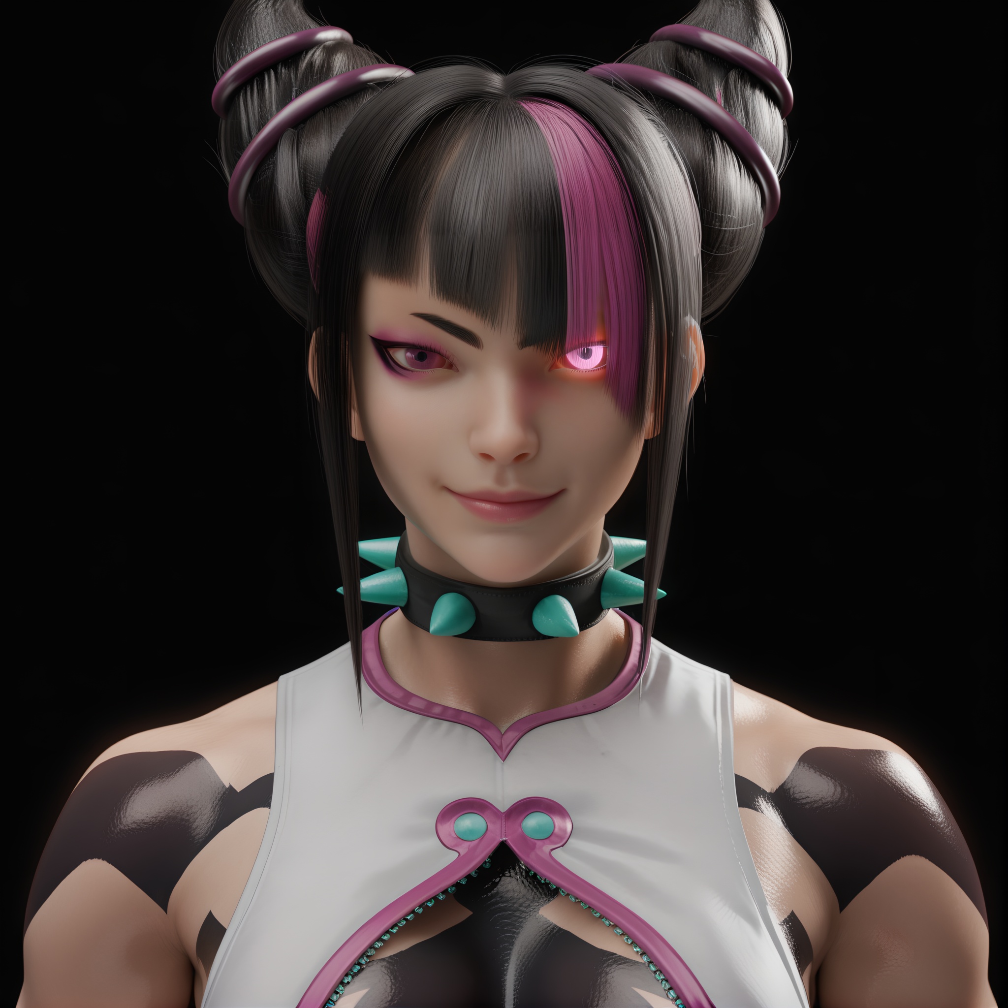 masterpiece,best quality,absurdres,highres,<lora:HanJuri_ill-000009:0.83>,upper body,1girl,solo,han juri,hair horns,black hair,crop top,arm tattoo,black spiky tattoo,spiked choker,streaked hair,pink streak,pink eyeshadow,purple eyes,glowing eye,light blush,light smile,zipper,zipper pull tab,(white_skin),(pale_skin),fair_skin,<lora:IL色相饱和:0.5>,<lora:IL色温:-0.5>,rim light,Volumetric Lighting,Tyndall effect,Cinematic Lighting,fantasy,