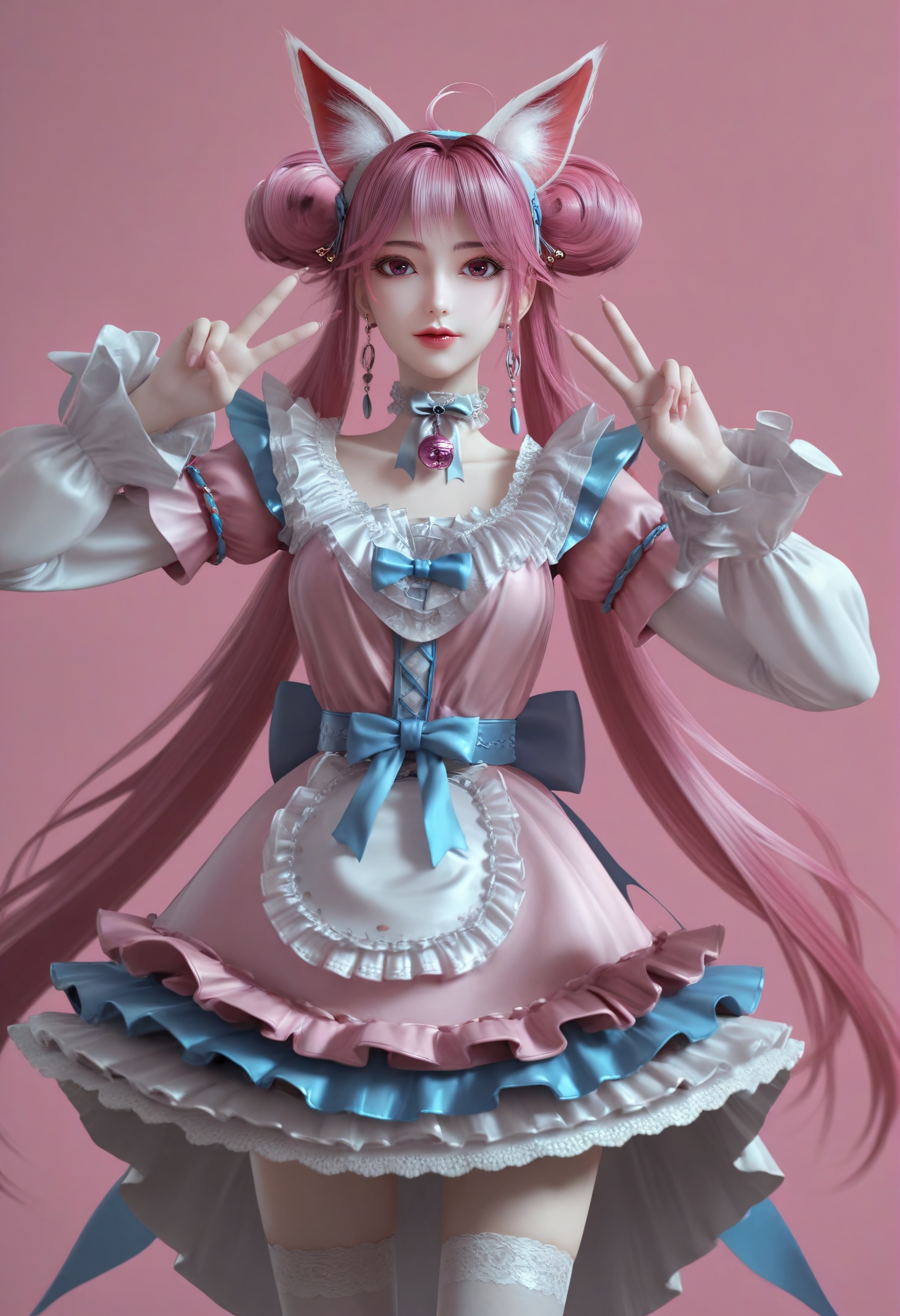 (score_9),<lora:小狸-Apony:0.85>,xiaohuli,solo,animal ear fluff,fox ears,double bun,long hair,twintails,pink hair,ahoge,hairband,earrings_ring,lipstick,choker,neck bell,frills,jewelry,earrings,maid dress,bow,belt,blue sash,thighhighs,white thighhighs,standing,<lora:perfect-eyes:0.8>,pink eyes,double v,fingernails,(pink_nails:1.1),(mature_female:1.1),mature,collarbone,<lora:e色温:0.5>,(white_skin),(fair_skin),<lora:e肤色滑块:0.5>,front view,simple background,(huge filesize:1.1),(wallpaper:1.1),(game cg:1.1),rim light,pink background,<lora:Expressive_H:0.8>,<lora:detailed_notrigger:1>,<lora:皮肤凹痕:1.2>,<lora:身材滑块:1>,