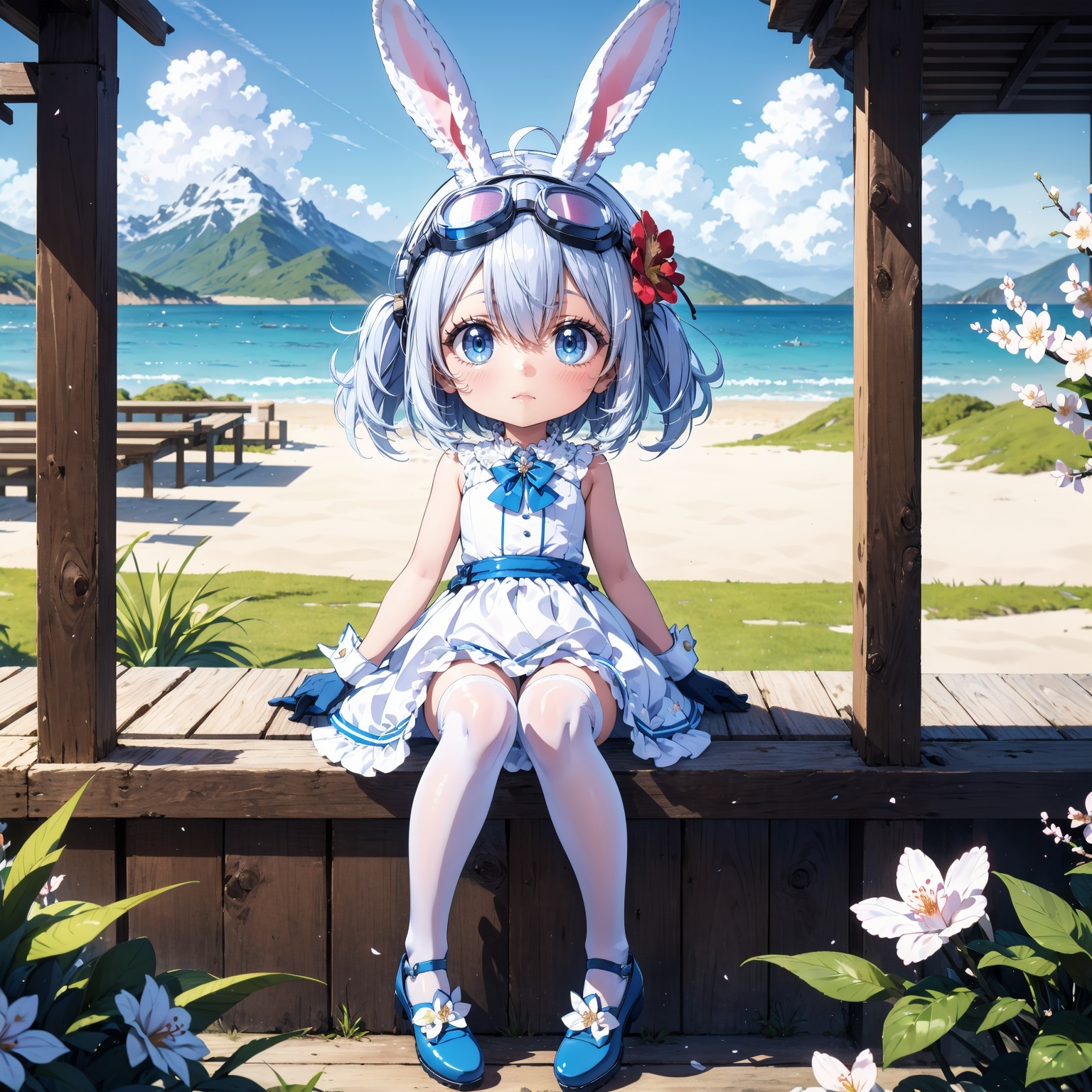 tutututu,1girl,solo,wrist cuffs,rabbit ears,white dress,white gloves,blue footwear,goggles on head,sleeveless dress,bangs,blue bow,white hair,short hair,white thighhighs,<lora:lihaigeQ-000006:0.9>,masterpiece,best quality,summer,seaside,fruit,full body,hat,long hair,looking at viewer,red flower,Plum blossoms,red plum blossoms,coconut trees,sitting,solo,sky,sun,mountain,forest,