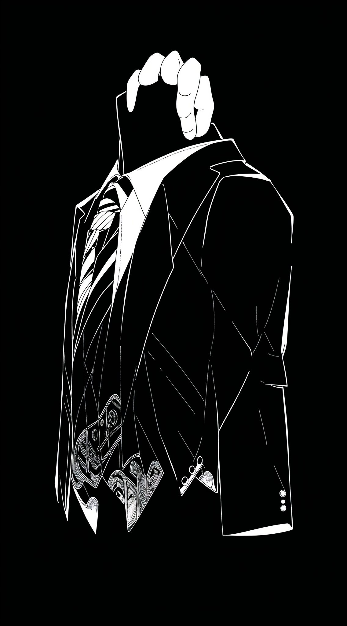 mty,black background, formal, greyscale, letterboxed, male focus, monochrome, necktie, shirt, solo, striped, suit, transparent background, black background, food, transparent background