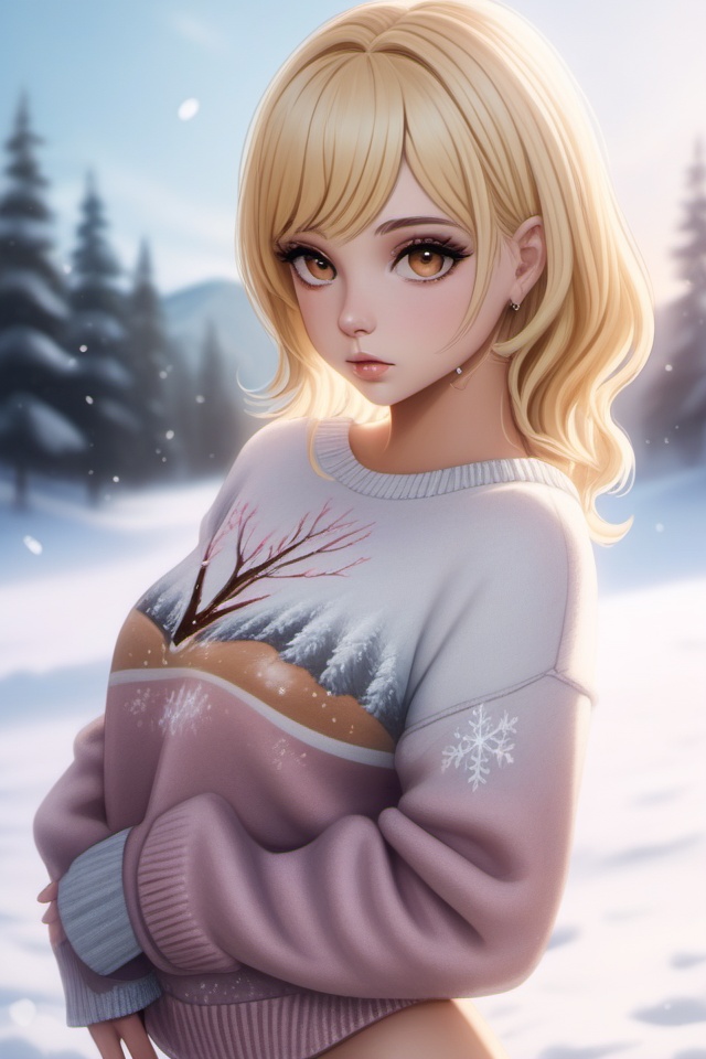 photo of beautiful age 18 girl,((body art photography)),blonde hair,sexy,beautiful,8k,4k,(cinematic film still),(sweater),outdoors,snow,